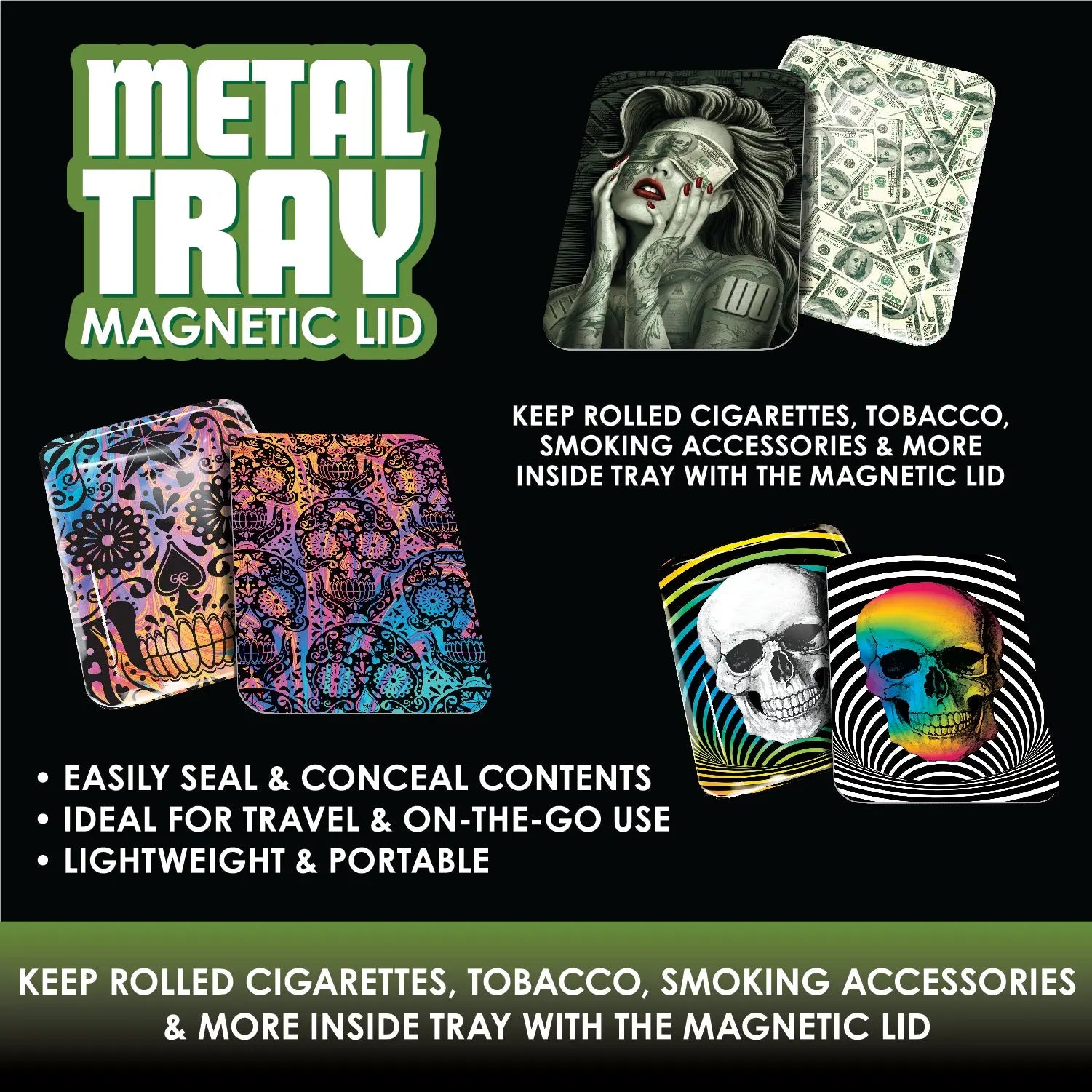 Metal Roll Tray with Magnetic Cover - 6 Pieces Per Retail Ready Display 22606 SMOKEZILLA