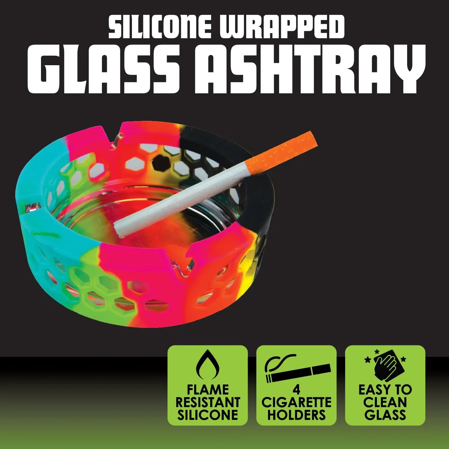 Silicone Wrapped Round Glass Ashtray - 6 Pieces Per Retail Ready Display 22626 SMOKEZILLA