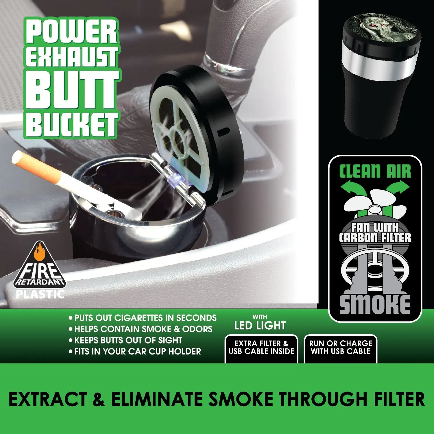 Printed Lid Butt Bucket Ashtray with Power Exhaust Fan - 6 Pieces Per Retail Ready Display 22638 SMOKEZILLA