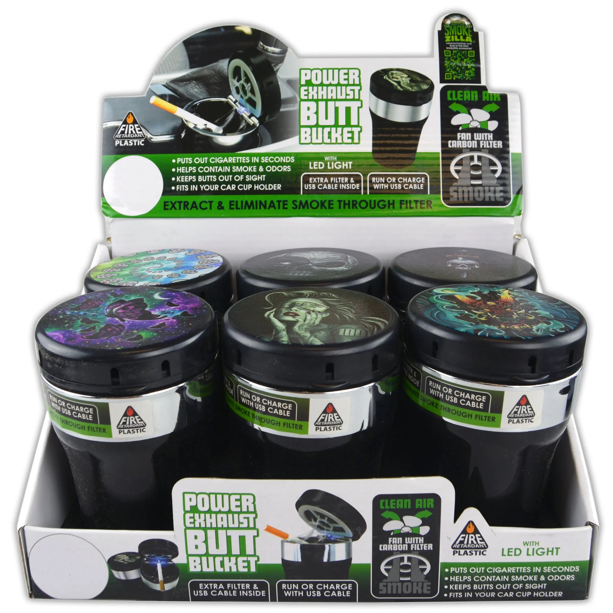 Printed Lid Butt Bucket Ashtray with Power Exhaust Fan - 6 Pieces Per Retail Ready Display 22638 SMOKEZILLA