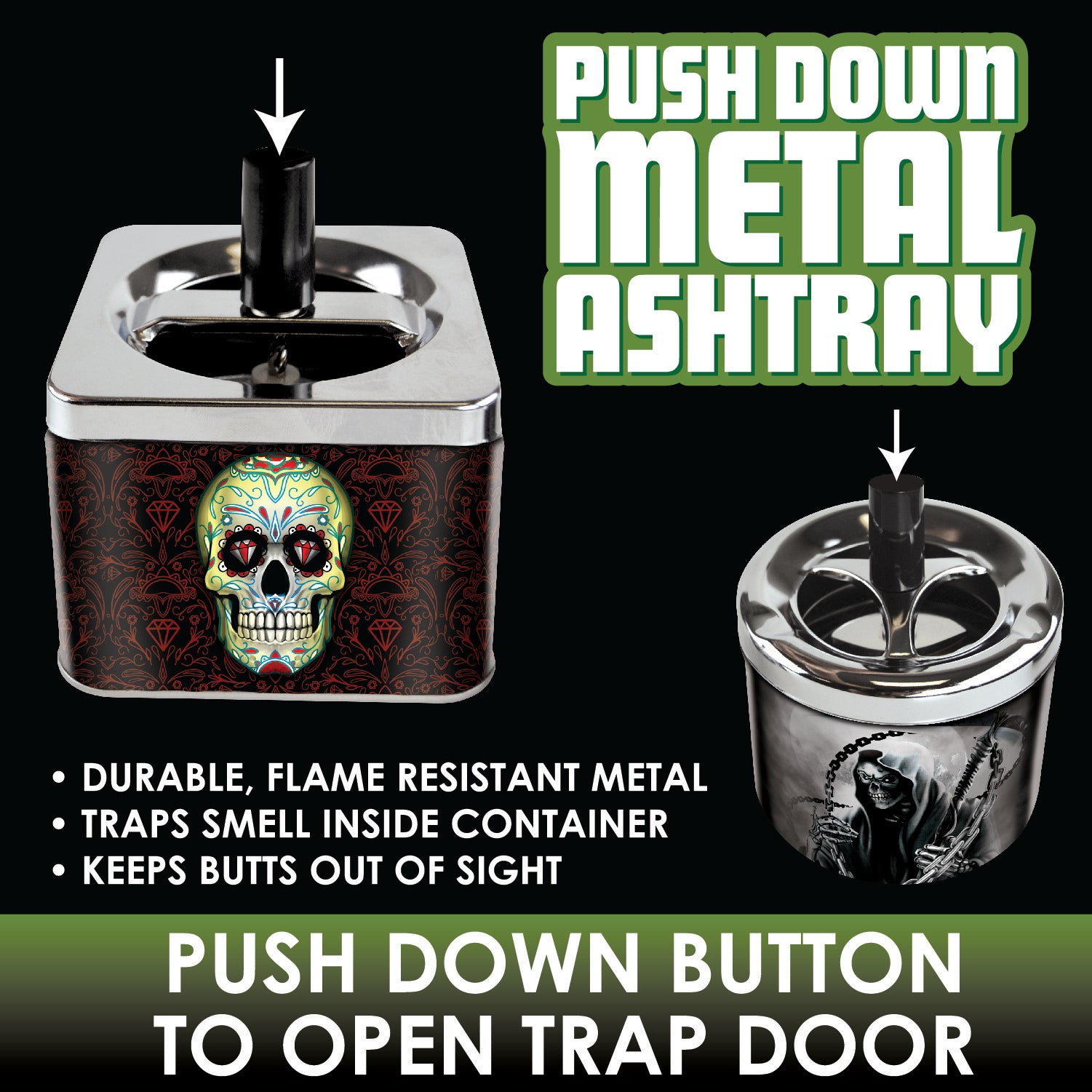 Push Down Metal Ashtray- 6 Per Retail Ready Wholesale Display 22639 SMOKEZILLA
