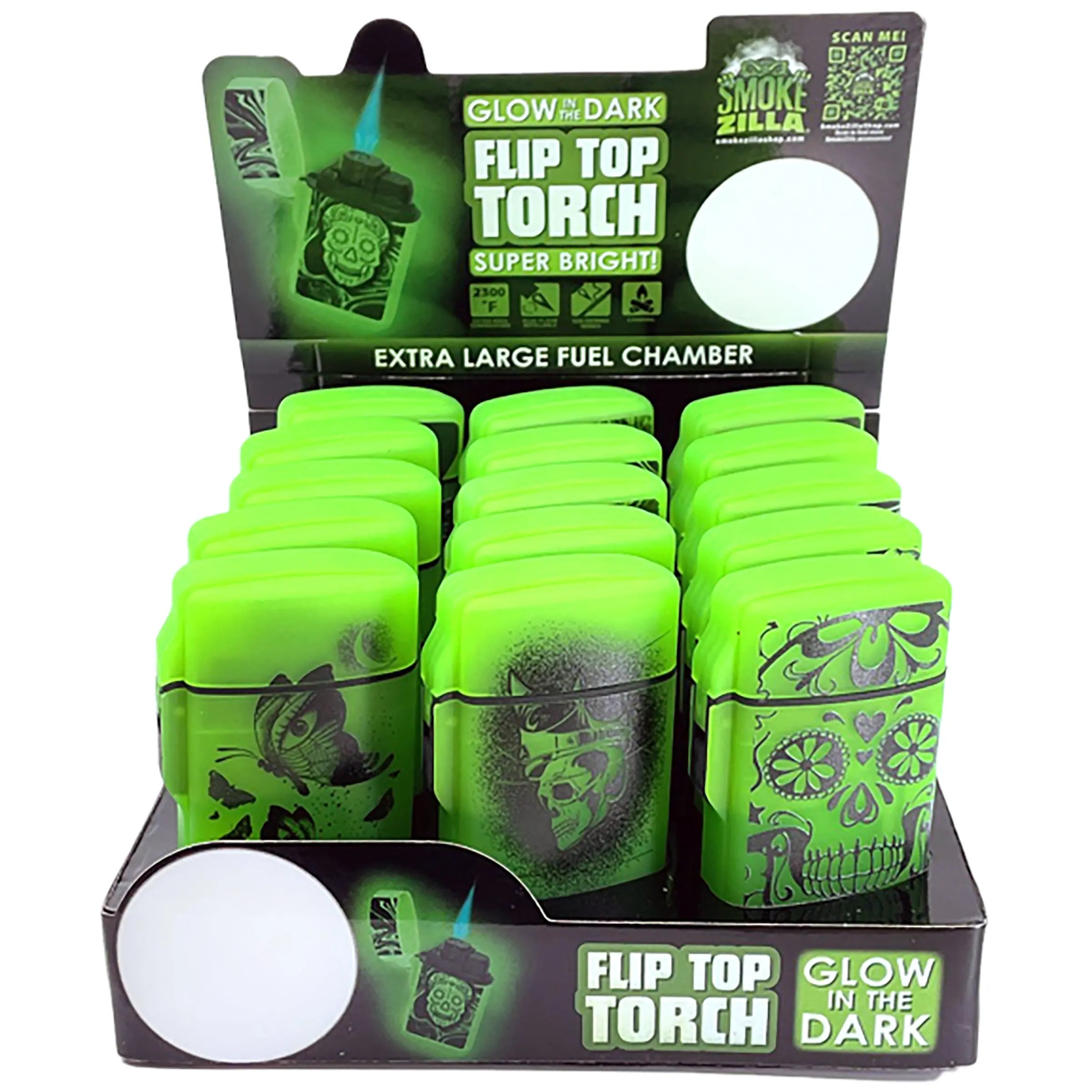 Glow in The Dark Flip Top Torch Lighter - 15 Pieces Per Retail Ready Display 22678 SMOKEZILLA