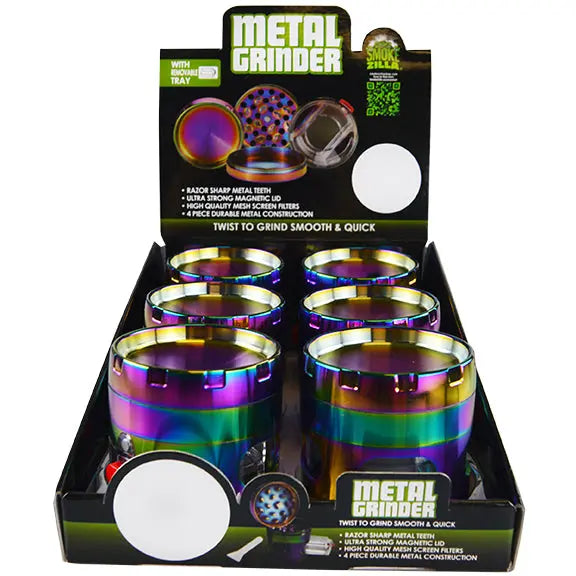 Metal 4 Piece Rainbow Grinder with Drawer - 6 Pieces Per Retail Ready Display 22704 SMOKEZILLA