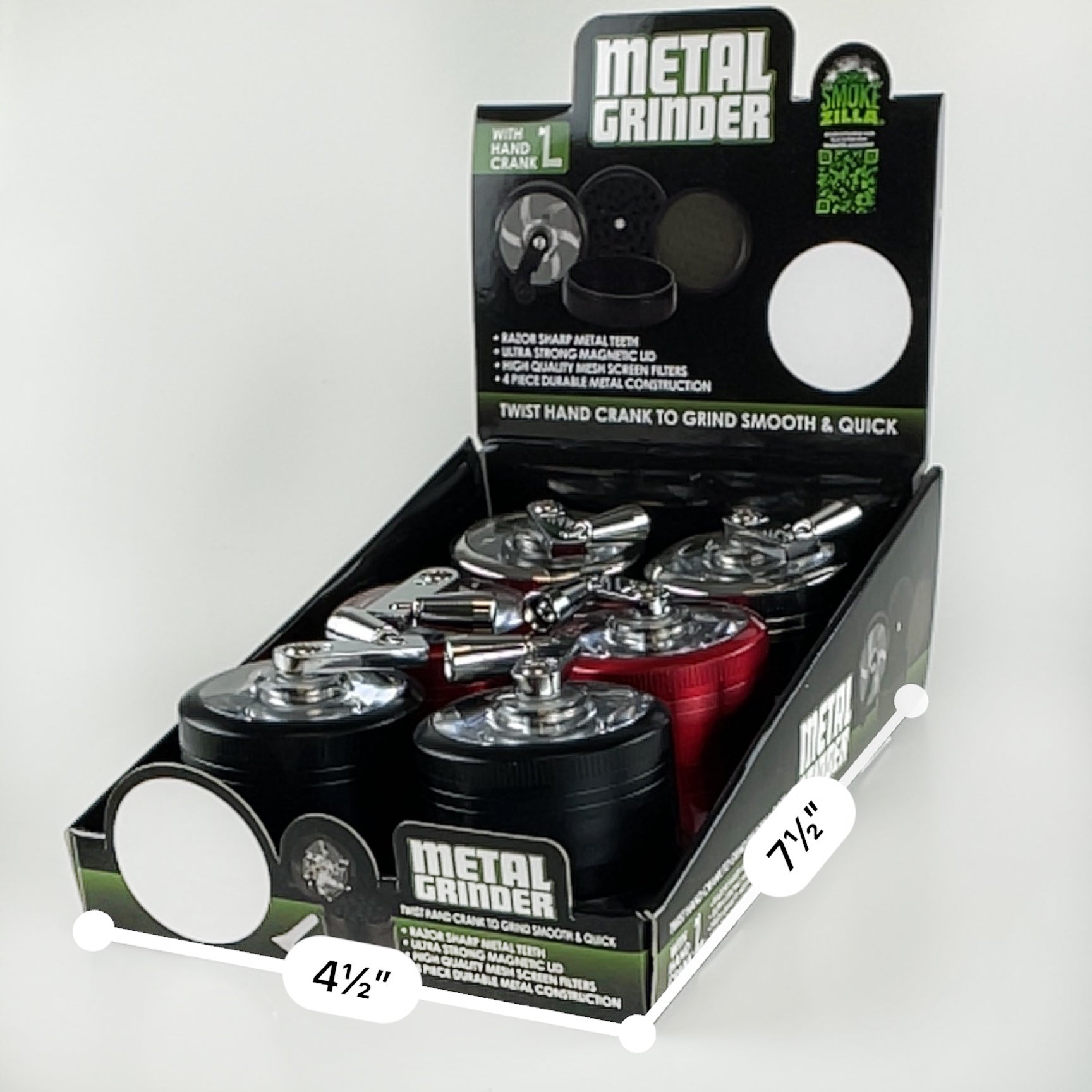 Metal 4 Piece Grinder with Crank 55Mm - 6 Pieces Per Retail Ready Display 22706 SMOKEZILLA