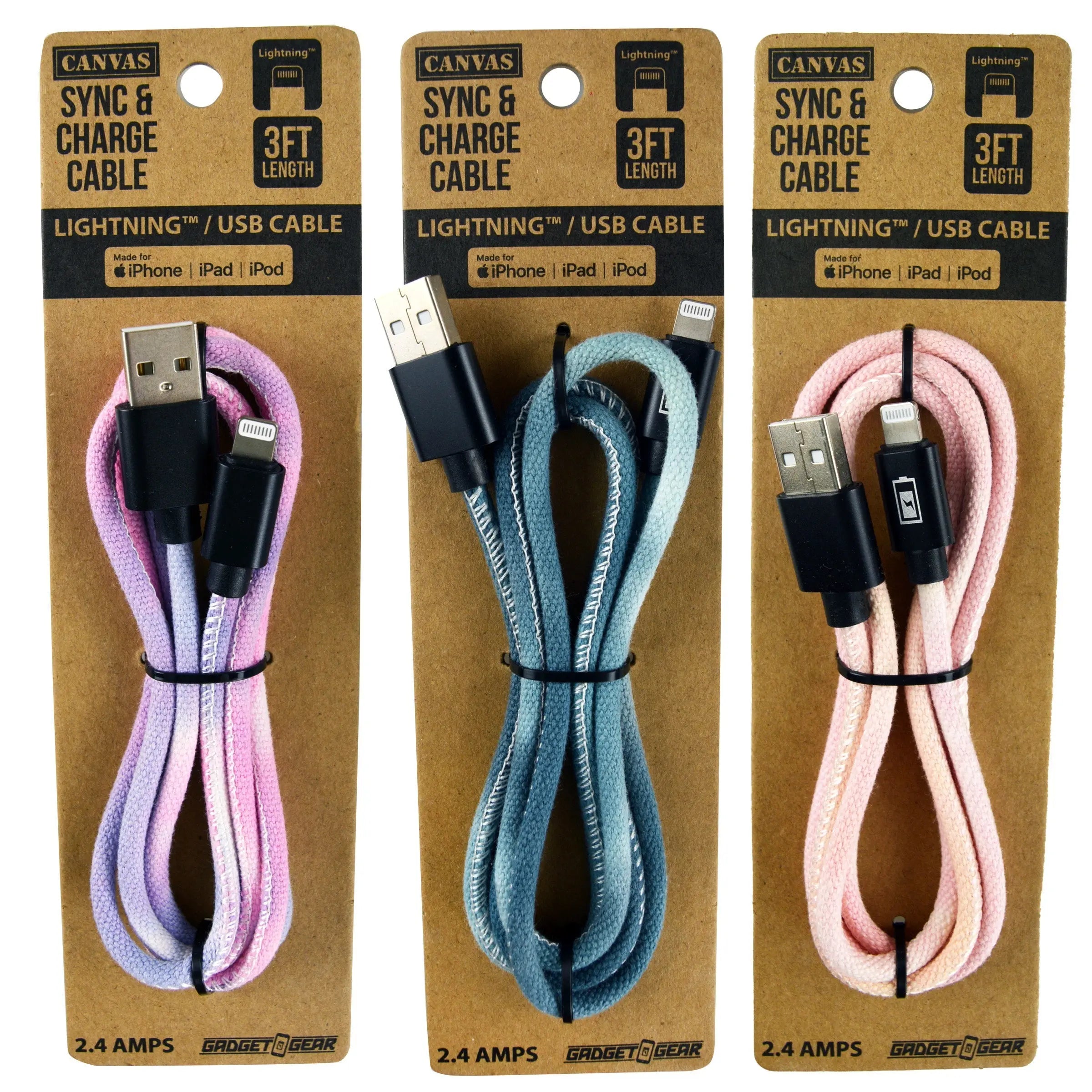 Tie Dye Canvas Charging Cable Assortment - 12 Pieces Per Retail Ready Display 88353 GADGET GEAR