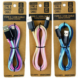 Tie Dye Canvas Charging Cable Assortment - 12 Pieces Per Retail Ready Display 88353 GADGET GEAR