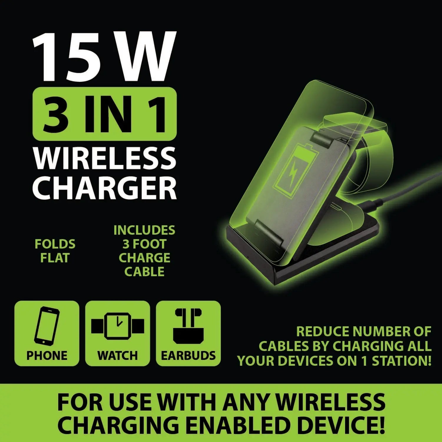 Wireless 3 in 1 Charging Station 15 Watts - 4 Pieces Per Retail Ready Display 22827 GADGET GEAR