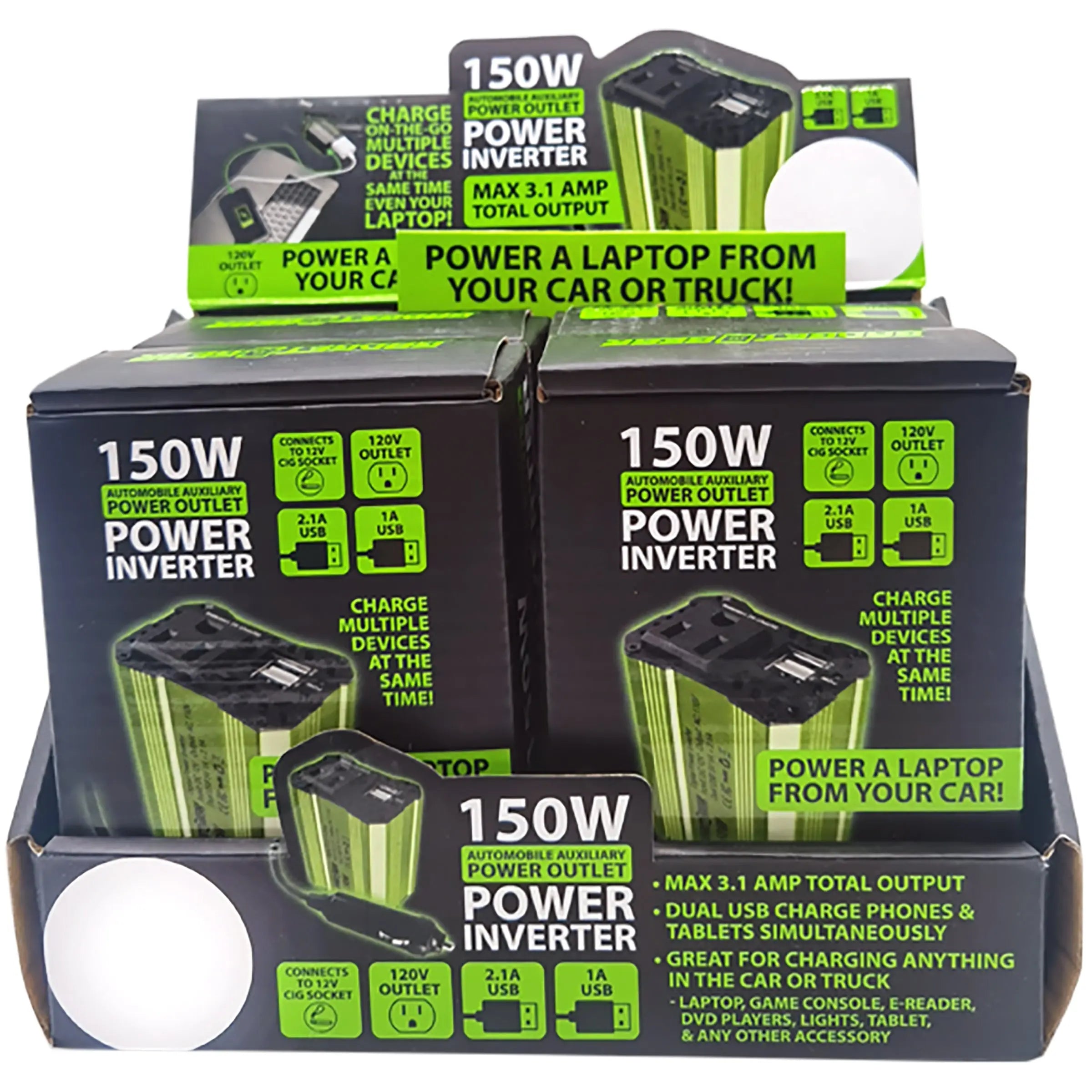 DC Car Power Inverter Dual Ports USB / 120V Outlet 150 Watts - 4 Pieces Per Retail Ready Display 22829 GADGET GEAR