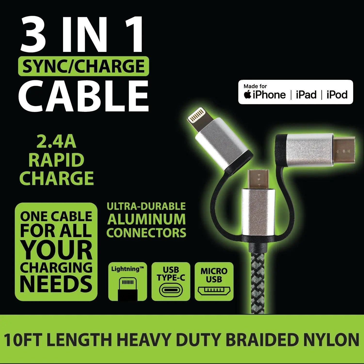 Charging Cable USB 3 in 1 Multi-Head USB-C / Micro USB / Lightning 10FT - 6 Pieces Per Retail Ready Display 23006 GADGET GEAR