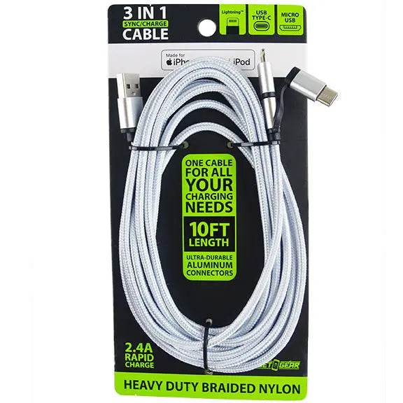 Charging Cable USB 3 in 1 Multi-Head USB-C / Micro USB / Lightning 10FT - 6 Pieces Per Retail Ready Display 23006 GADGET GEAR