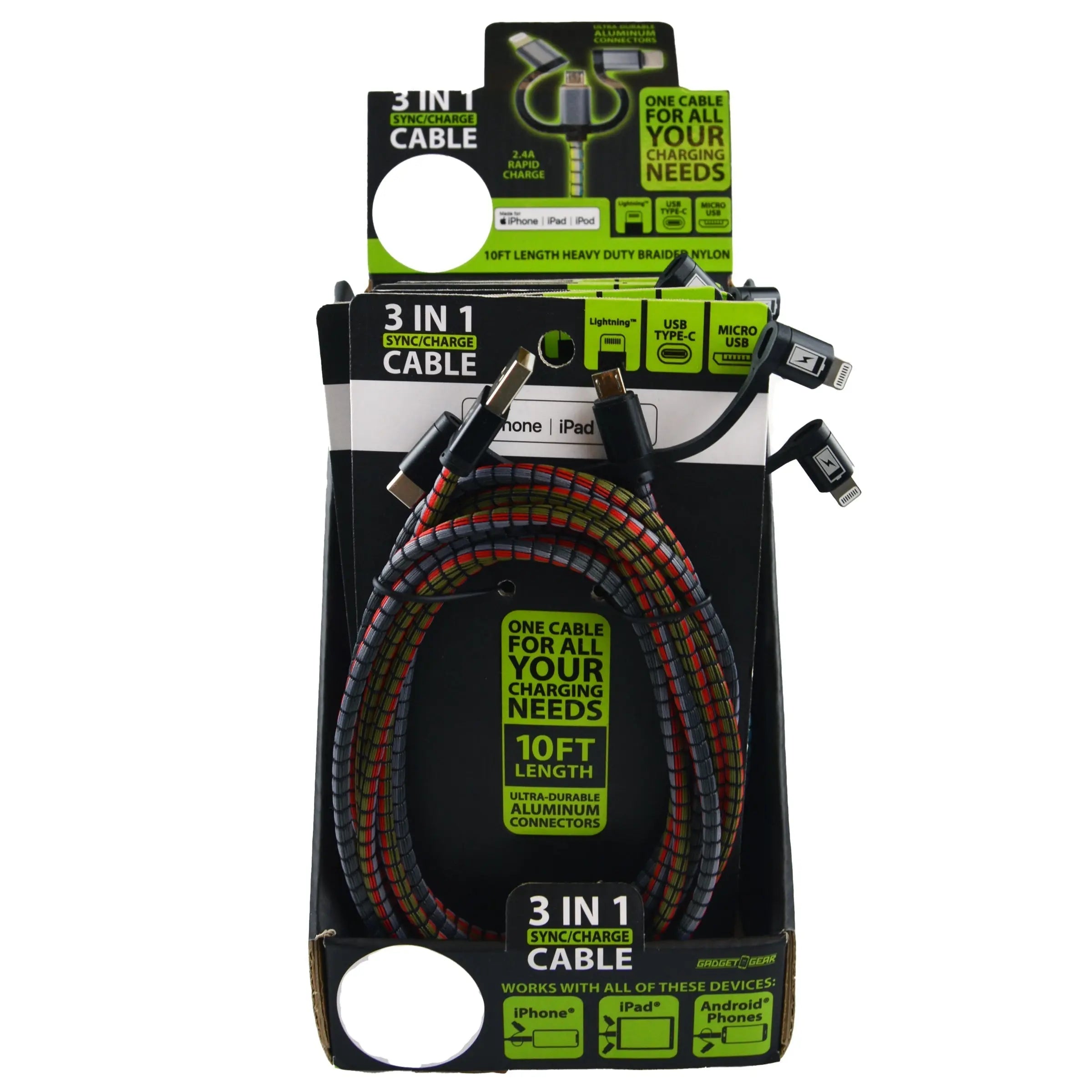 Charging Cable USB 3 in 1 Multi-Head USB-C / Micro USB / Lightning 10FT - 6 Pieces Per Retail Ready Display 23100B GADGET GEAR