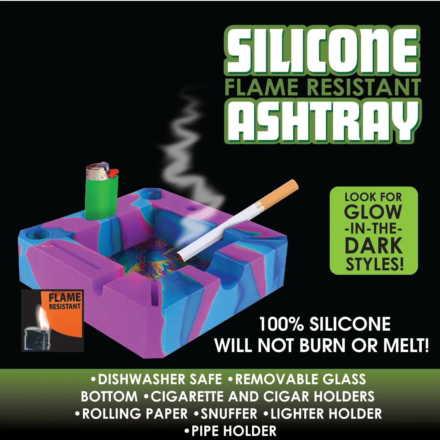 Silicone Ashtray with Assorted Glass Design Bottom - 6 Pieces Per Retail Ready Display 23163 SMOKEZILLA