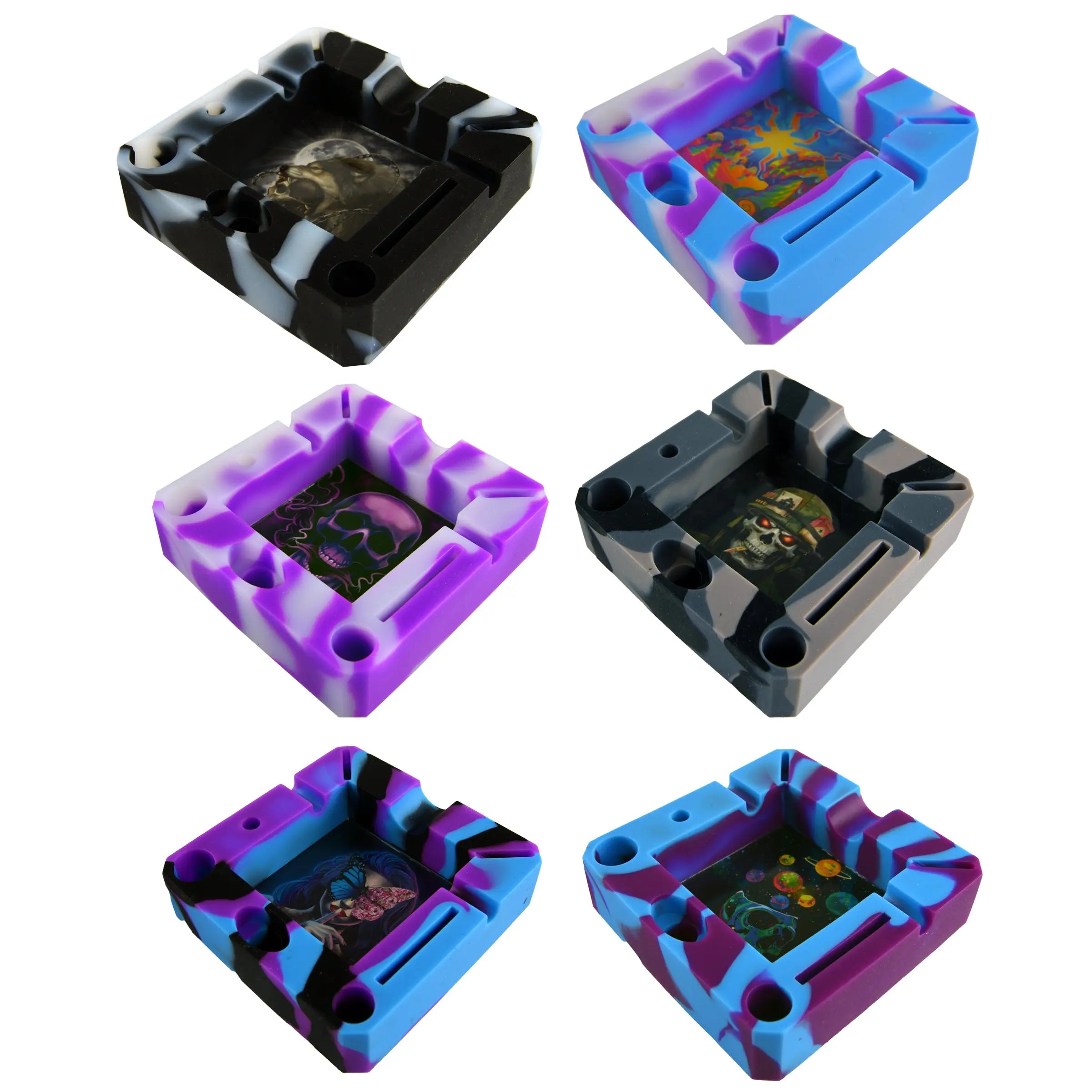 Silicone Ashtray with Assorted Glass Design Bottom - 6 Pieces Per Retail Ready Display 23163 SMOKEZILLA