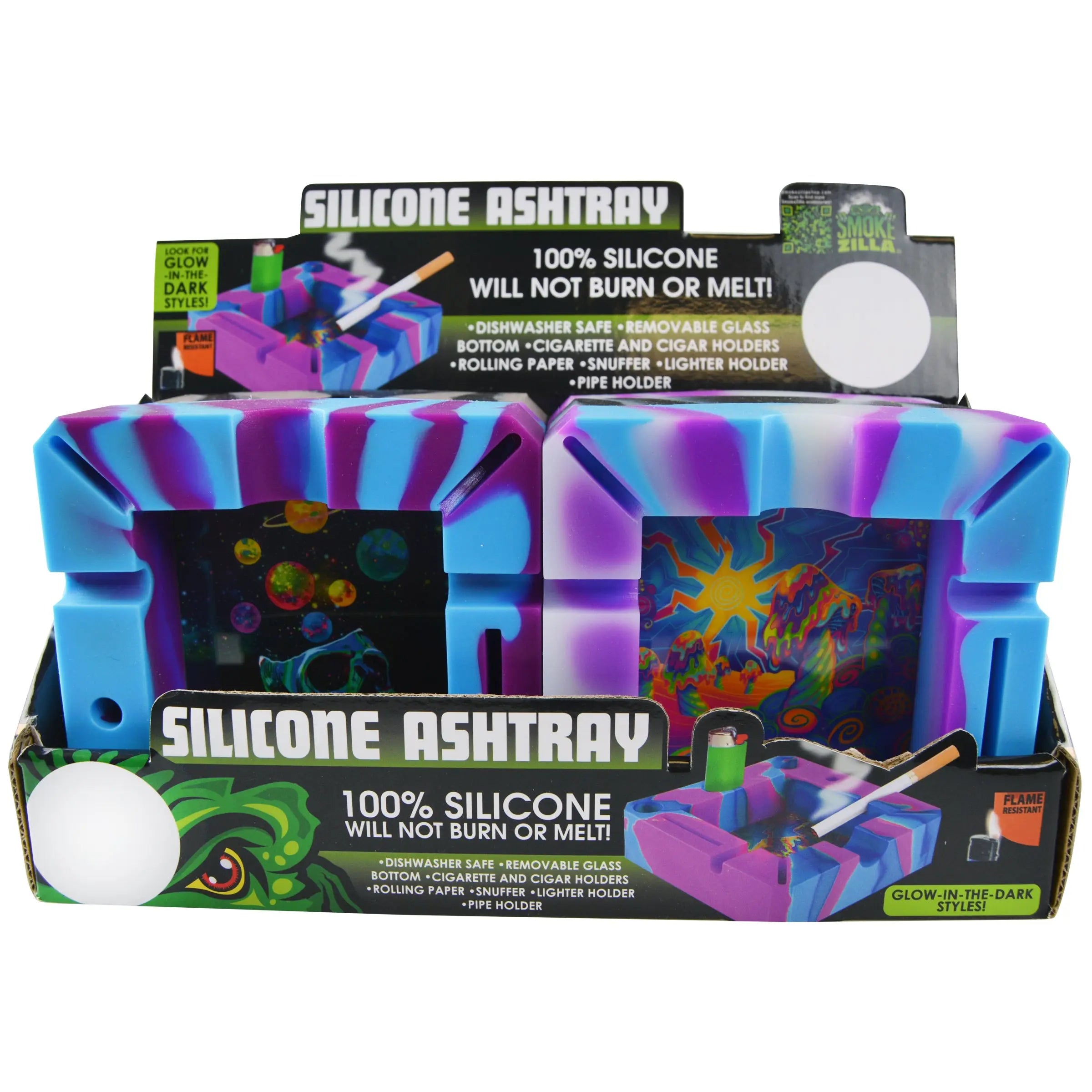 Silicone Ashtray with Assorted Glass Design Bottom - 6 Pieces Per Retail Ready Display 23163 SMOKEZILLA