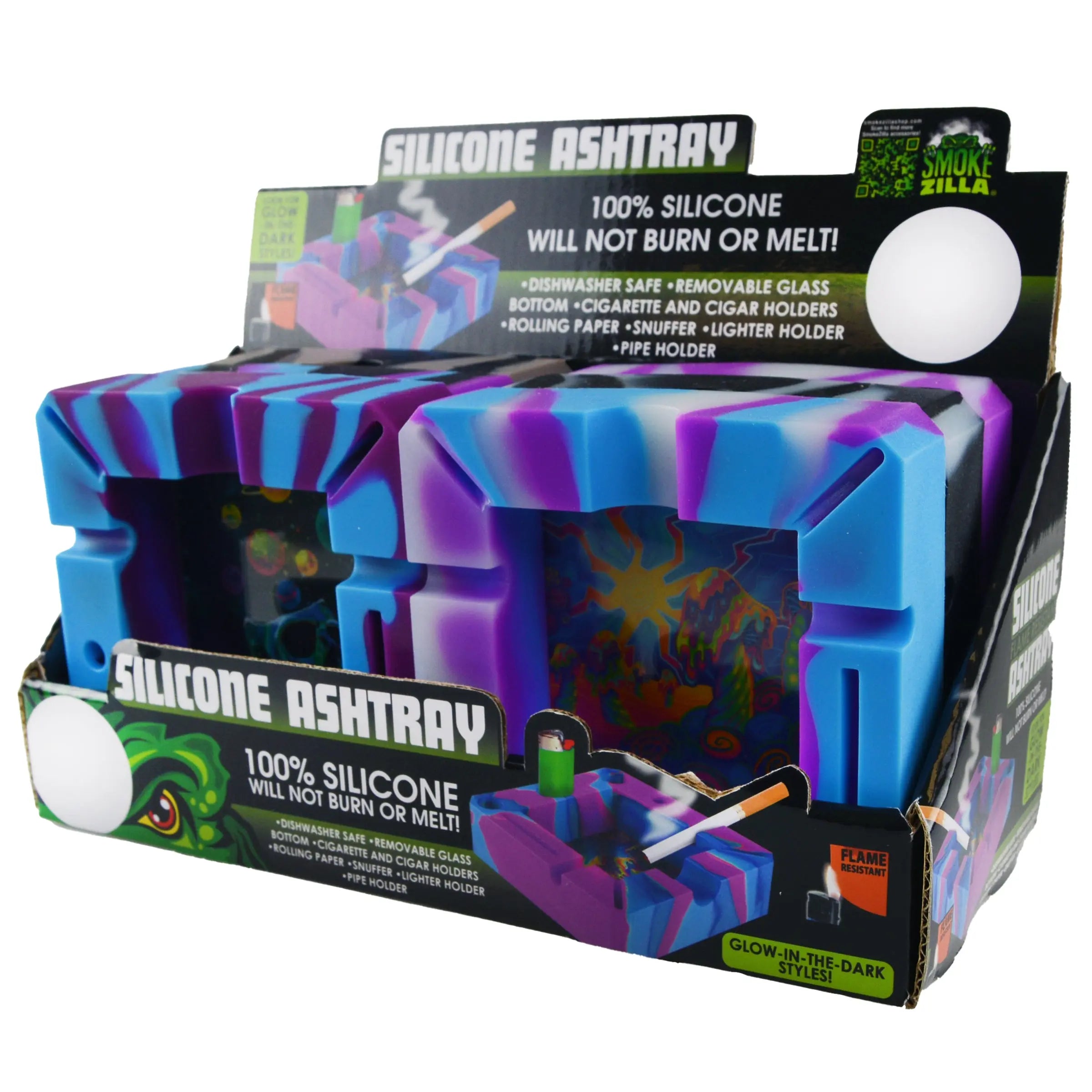 Silicone Ashtray with Assorted Glass Design Bottom - 6 Pieces Per Retail Ready Display 23163 SMOKEZILLA