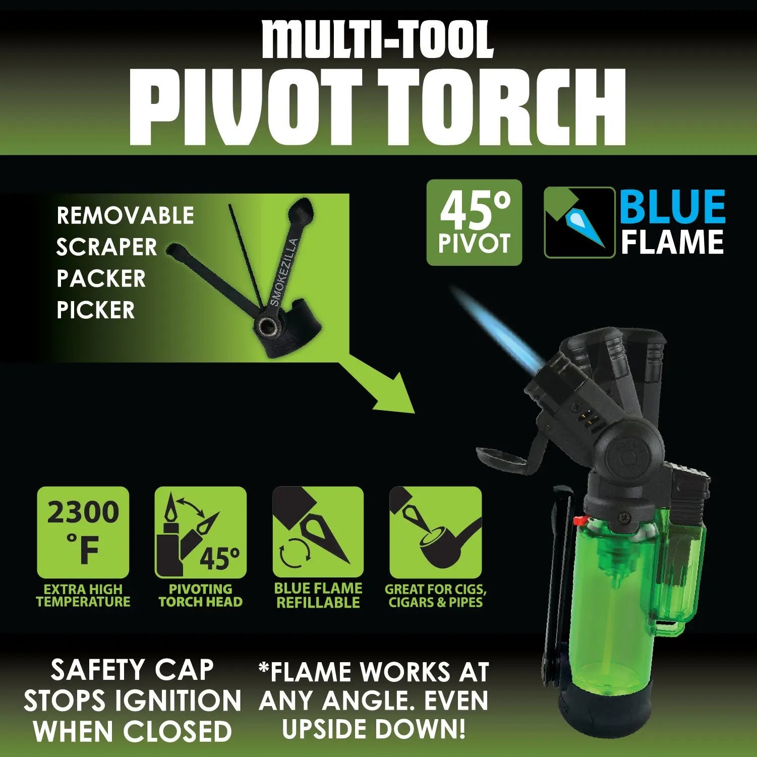 Pivot Flip Torch Lighter with Tools - 12 Pieces Per Retail Ready Display 23171 SMOKEZILLA