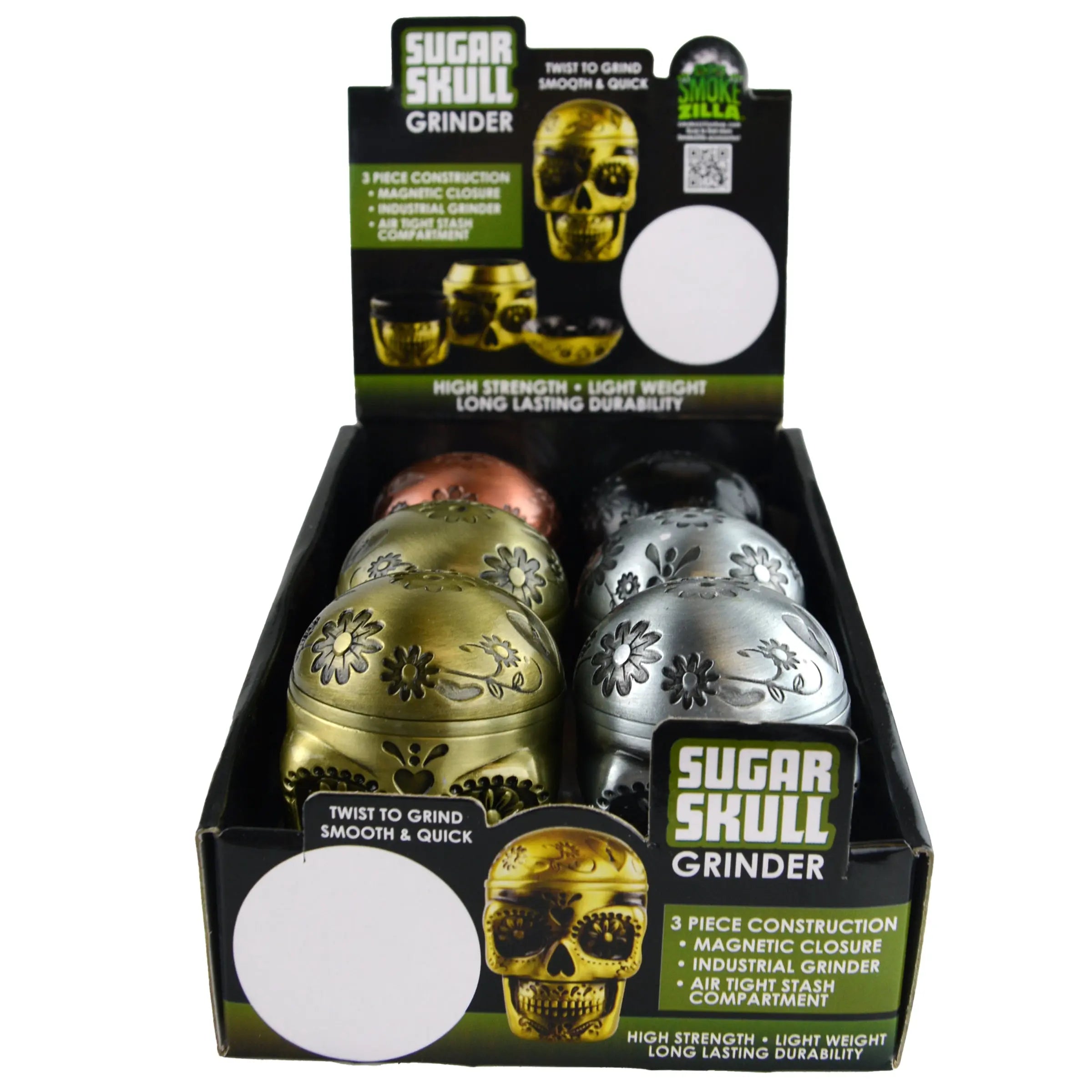 Metal 3 Piece Skull Grinder with Magnetic Closure - 6 Pieces Per Retail Ready Display 23183 SMOKEZILLA