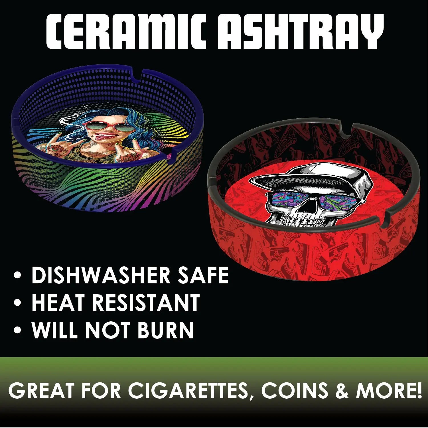 Ceramic Ashtray with Assorted Designs - 6 Pieces Per Retail Ready Display 23226 SMOKEZILLA