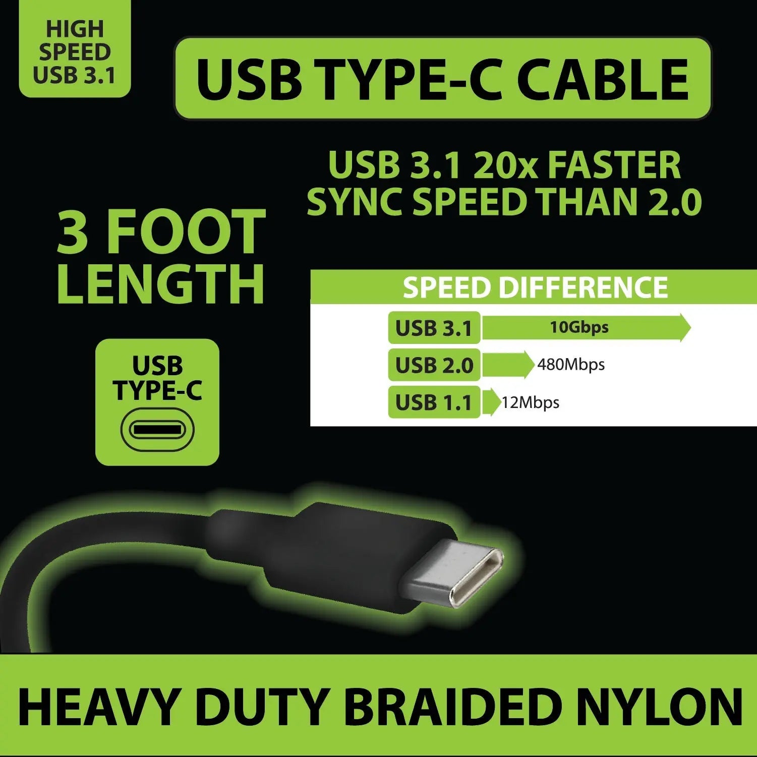 Charging Cable USB 3.1 to USB-C 3FT - 4 Pieces Per Pack 23227 GADGET GEAR