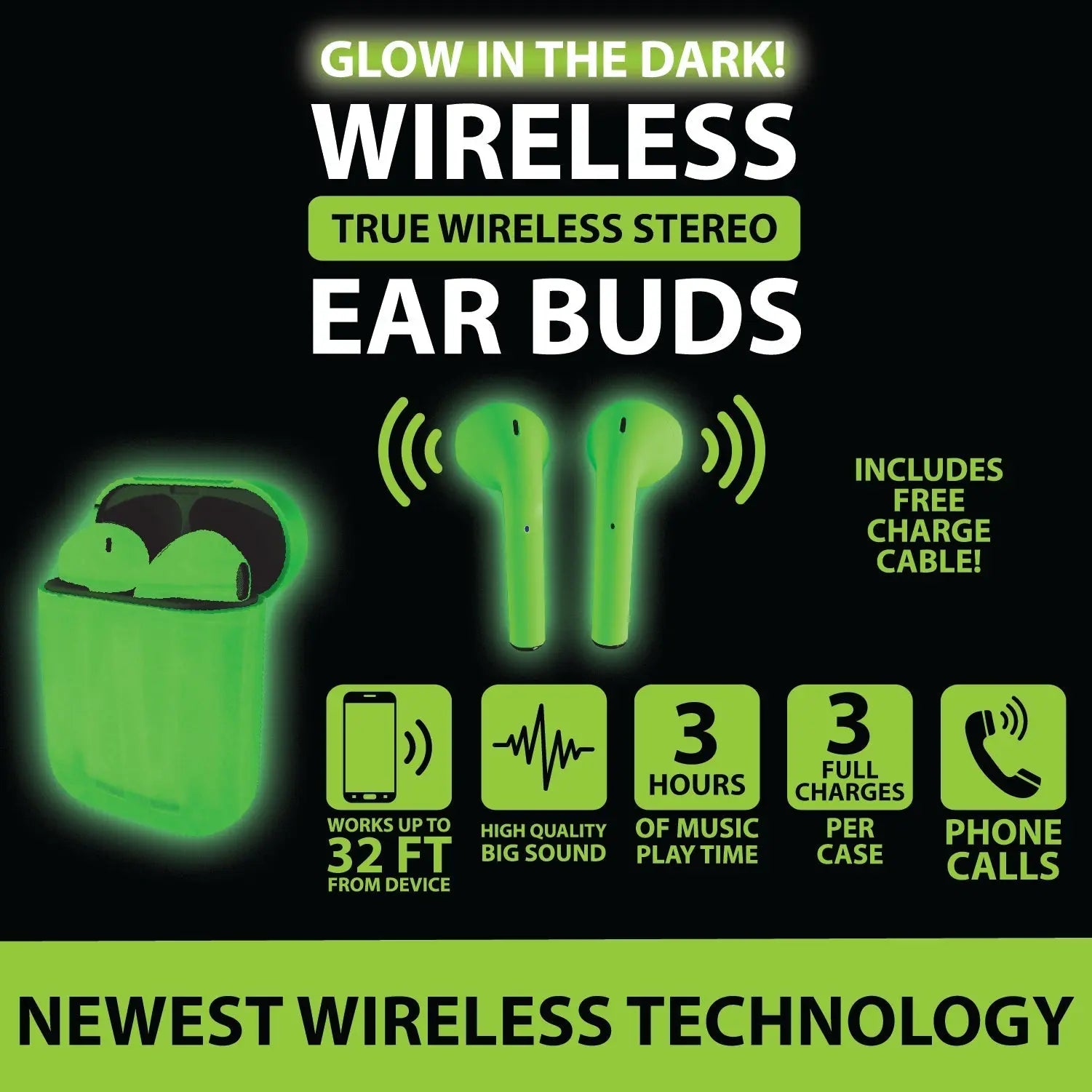 Wireless Earbuds Glow in The Dark with Case - 6 Pieces Per Retail Ready Display 23250 GADGET GEAR