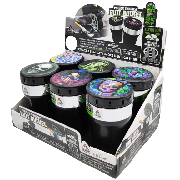 Printed Lid Butt Bucket Ashtray with Power Exhaust Fan - 6 Pieces Per Retail Ready Display 23255 SMOKEZILLA