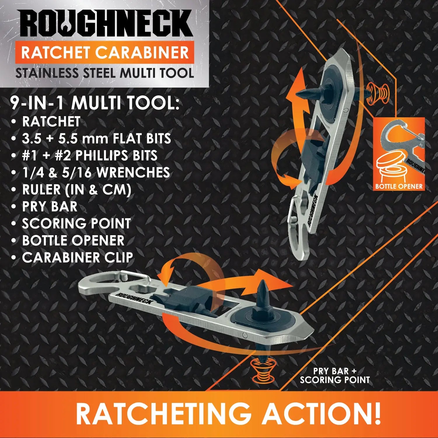 Multi-Tool 9-In-1 Ratchet Carabiner - 6 Pieces Per Retail Ready Display 23281 ROUGHNECK