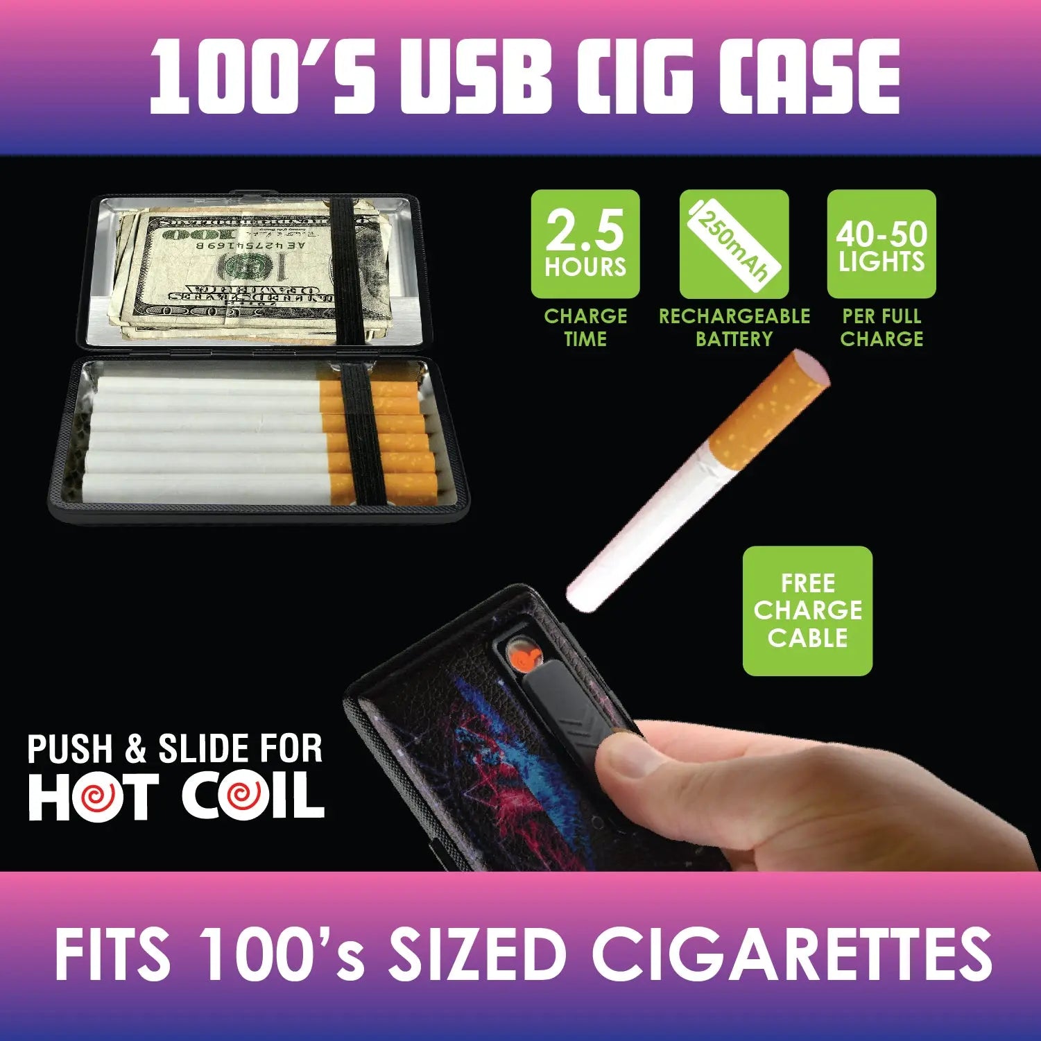 100s Cigarette Case with USB Coil Lighter - 8 Pieces Per Retail Ready Display 23303 SMOKEZILLA