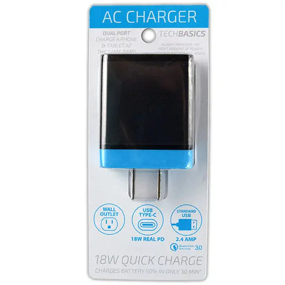 AC Wall Charger with Dual USB / USB-C Ports 18W - 6 Pieces Per Retail Ready Display 23312 NOVELTY INC