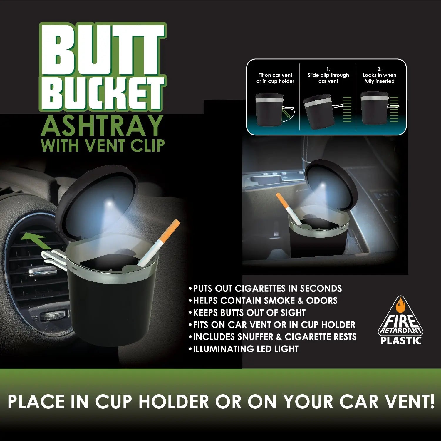 Printed Lid Butt Bucket Ashtray with Vent Clip and LED Lights - 6 Per Retail Ready Display 23359 SMOKEZILLA