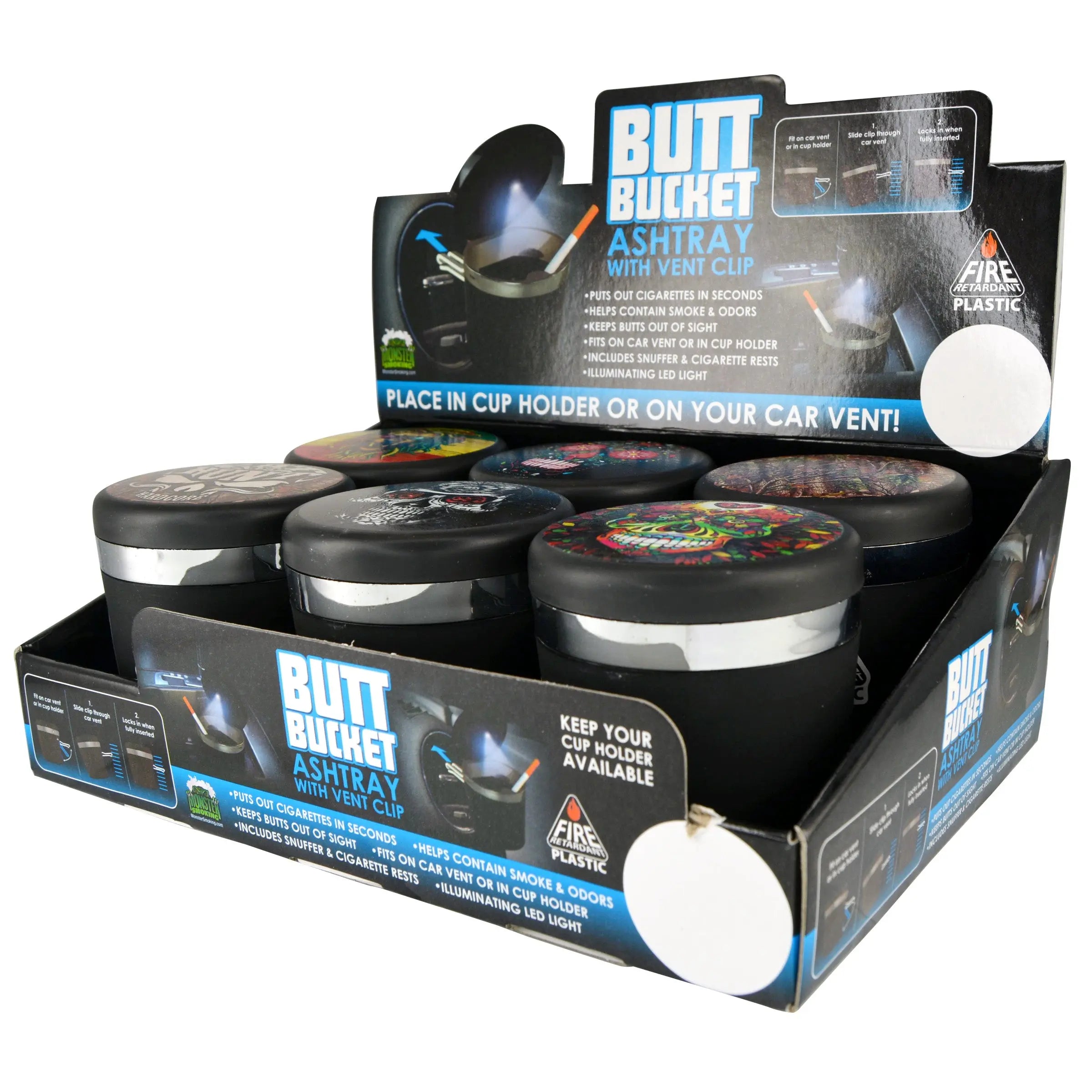 Printed Lid Butt Bucket Ashtray with Vent Clip and LED Lights - 6 Per Retail Ready Display 23359 SMOKEZILLA