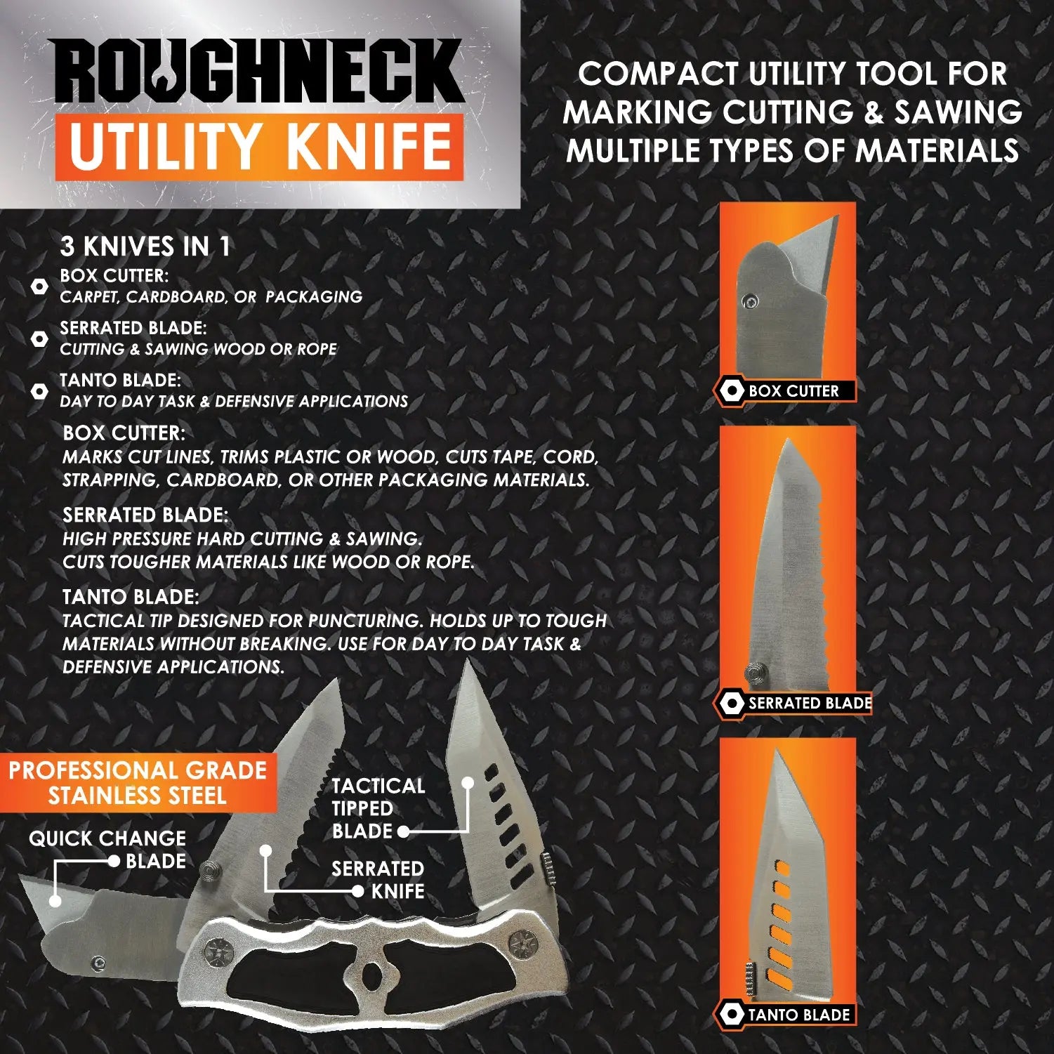 Pocket Knife Utility with 3 Blades - 6 Pieces Per Retail Ready Display 23388 ROUGHNECK
