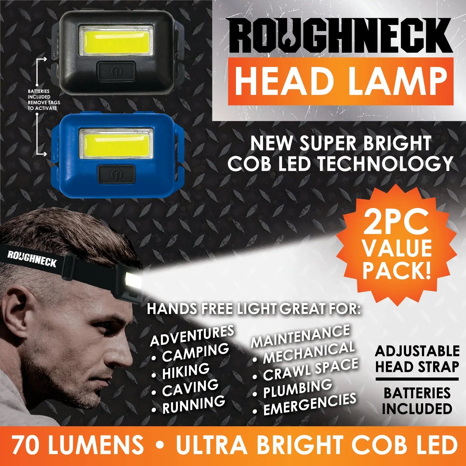 Headlamp LED Flashlight 2 Pack - 6 Pieces Per Retail Ready Display 23389 ROUGHNECK