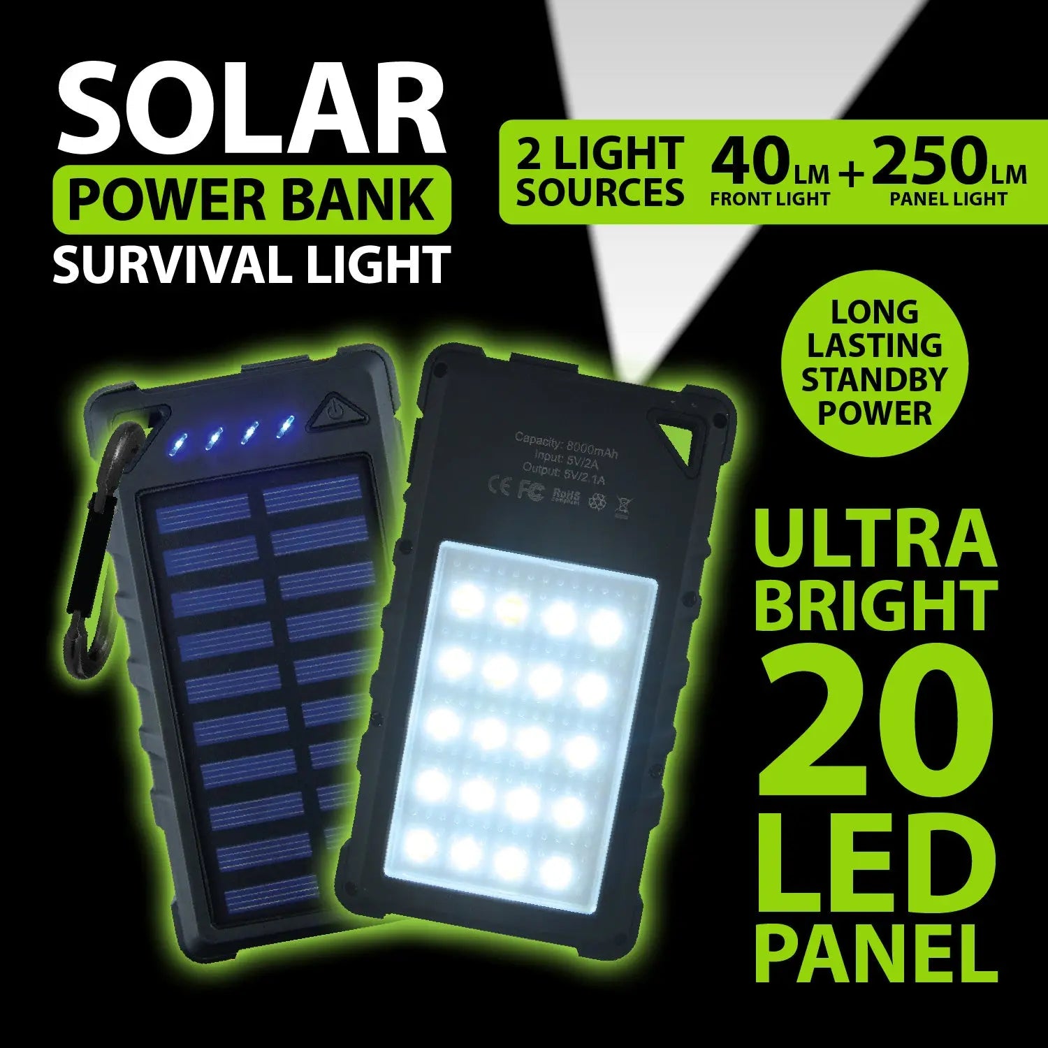 Rechargeable Solar Power Bank with LED Survival Light - 4 Pieces Per Retail Ready Display 23517 GADGET GEAR