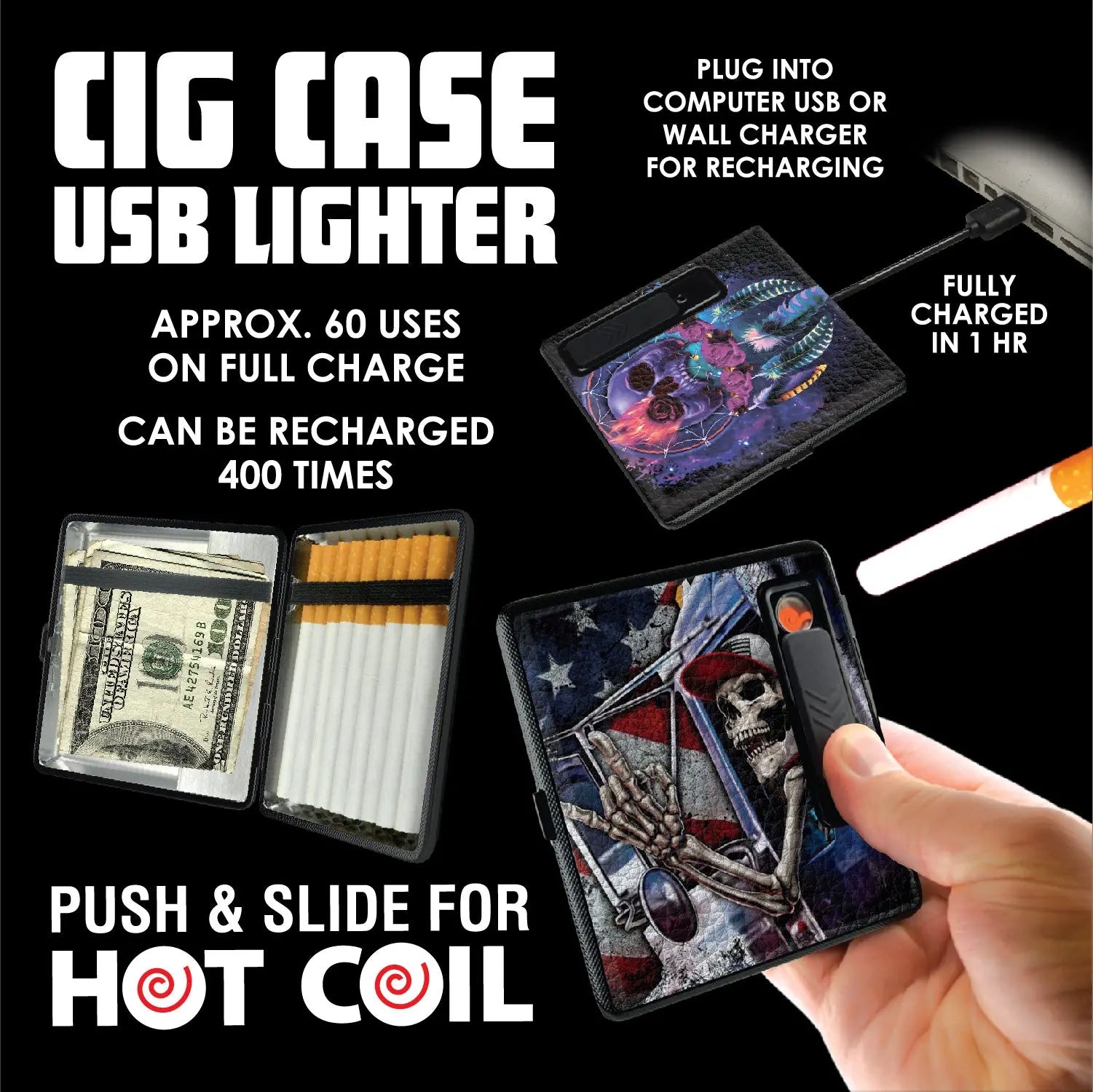 Cigarette Case with USB Coil Lighter - 8 Pieces Per Retail Ready Display 23521 SMOKEZILLA