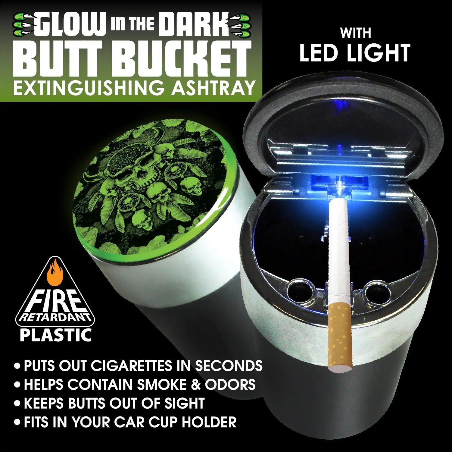 Glow In The Dark Lid Butt Bucket Ashtray with LED Light - 6 Per Retail Ready Wholesale Display 23543 SMOKEZILLA
