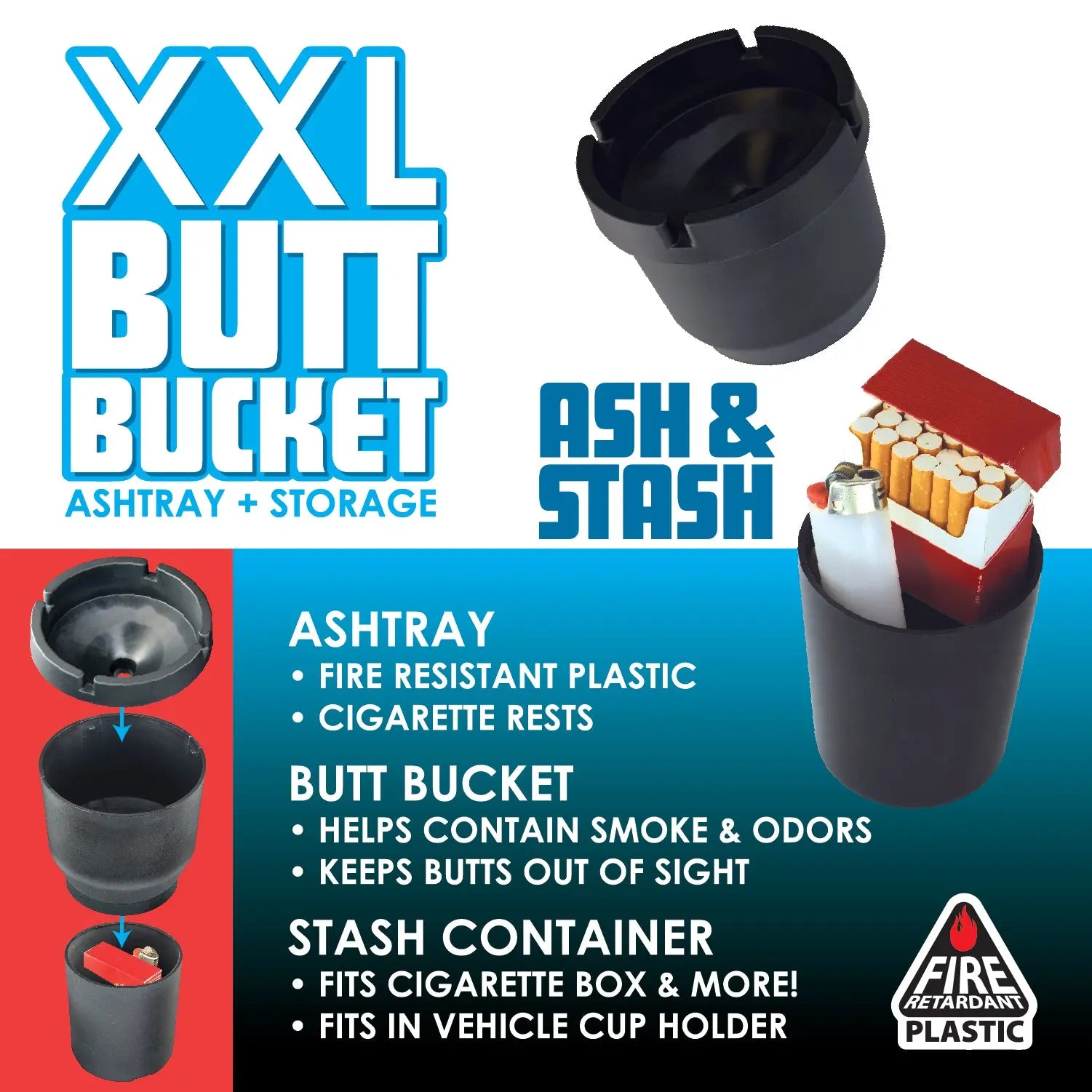Butt Bucket Ashtray XXL Black Design - 6 Per Retail Ready Display 23595 NOVELTY INC