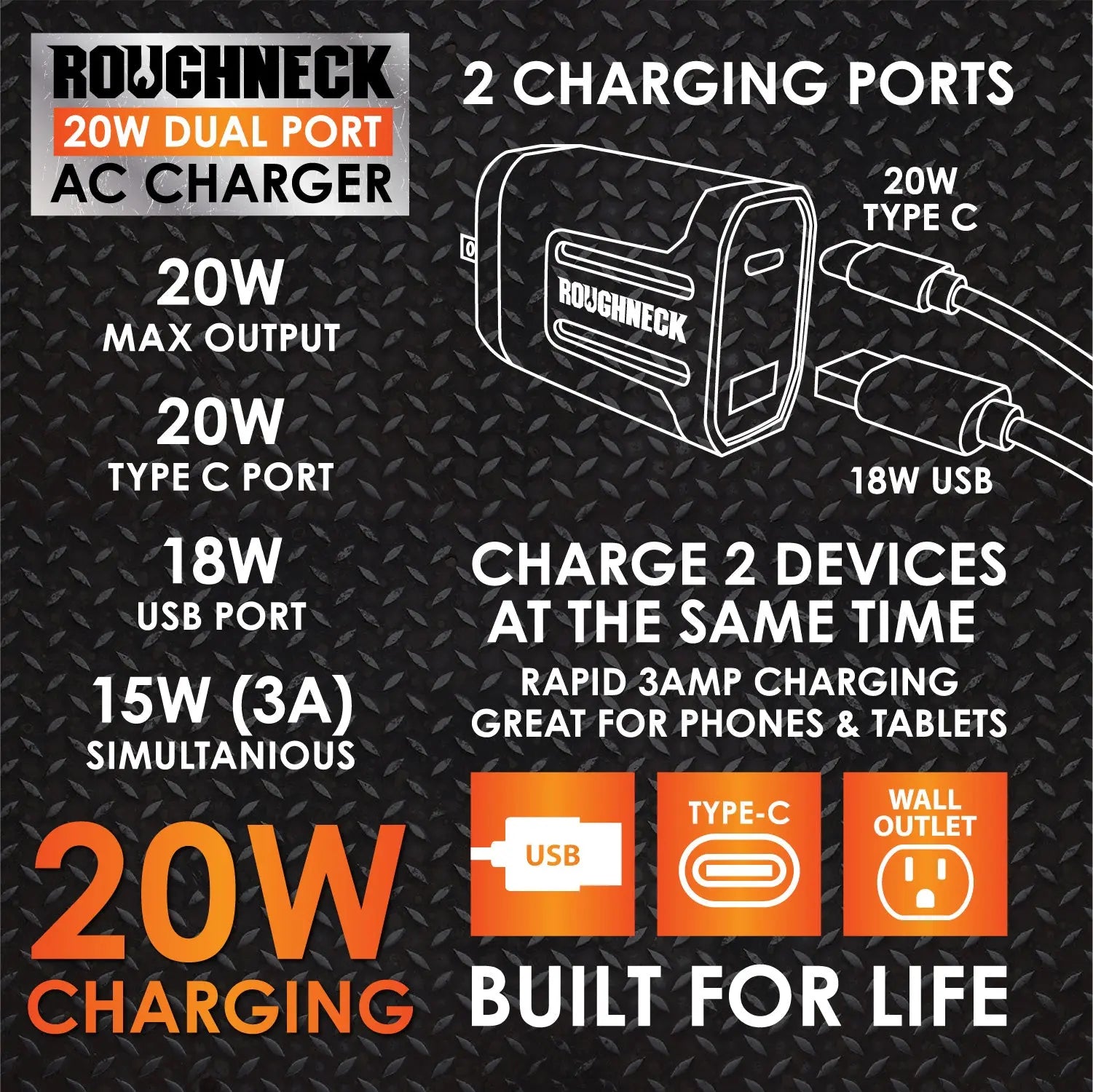 AC Wall Charger Dual Port USB / USB-C 20 Watts - 6 Pieces Per Retail Ready Display 23689 ROUGHNECK