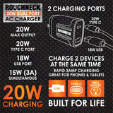AC Wall Charger Dual Port USB / USB-C 20 Watts - 6 Pieces Per Retail Ready Display 23689 ROUGHNECK