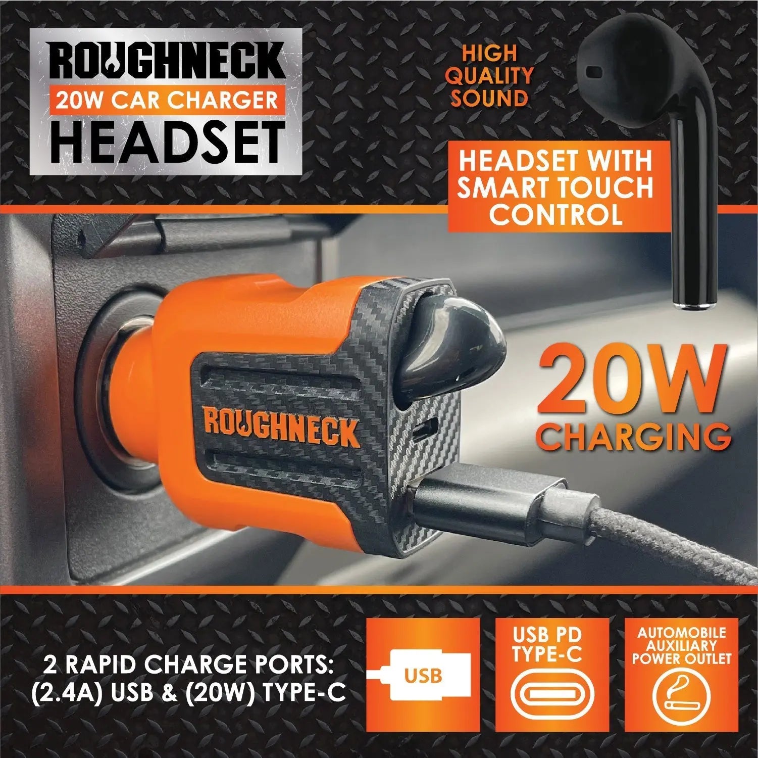 Car Charger Dual Port USB / USB-C with Earbud - 6 Pieces Per Retail Ready Display 23690 ROUGHNECK