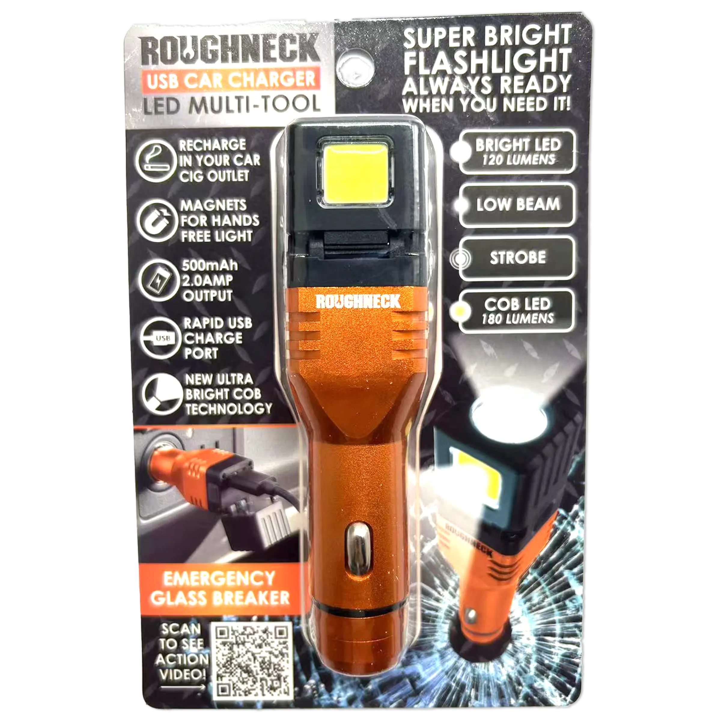 Car Charger  DC Dual Port USB / USB-C with Flashlight - 6 Pieces Per Retail Ready Display 23693 ROUGHNECK