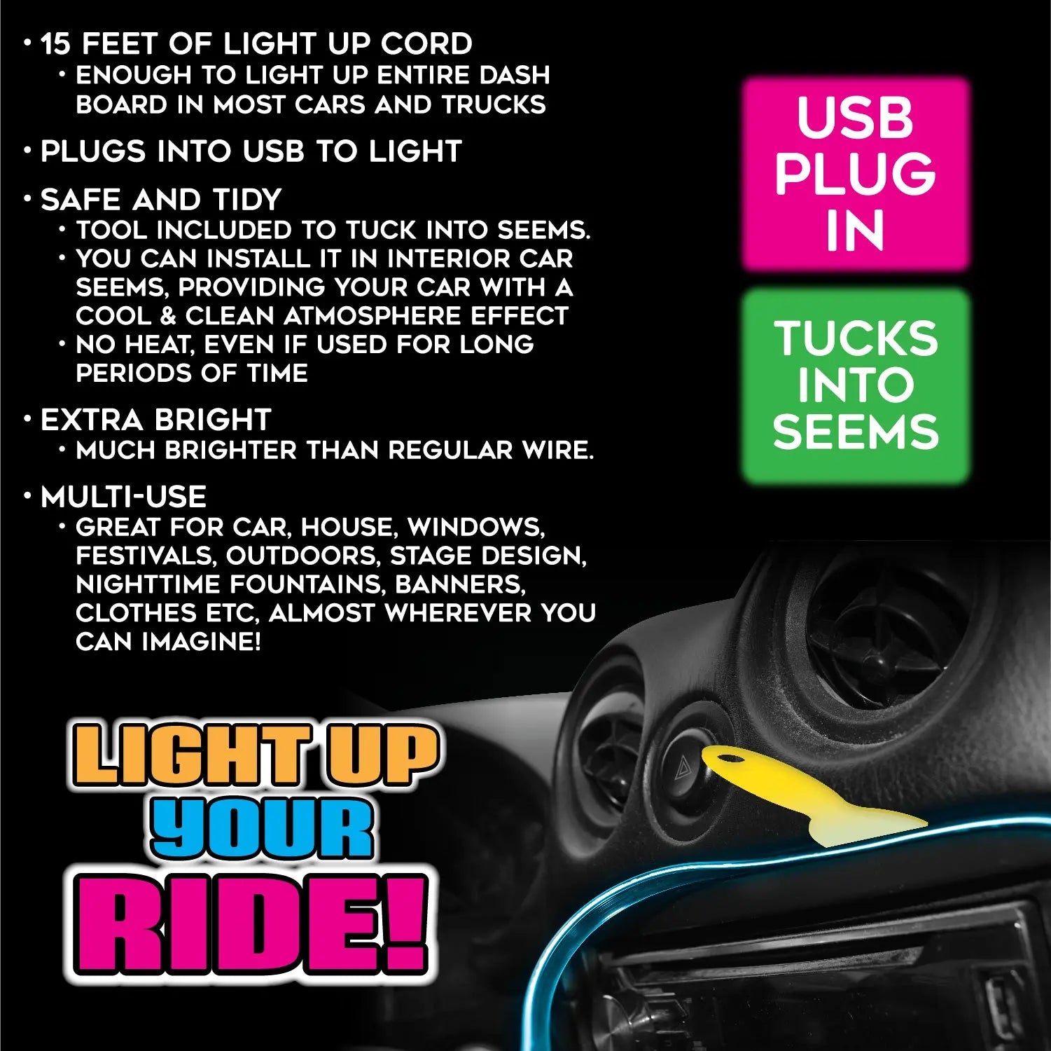 Car Interior Light Strip USB - 6 Pieces Per Retail Ready Display 23698 CAR VIBEZ