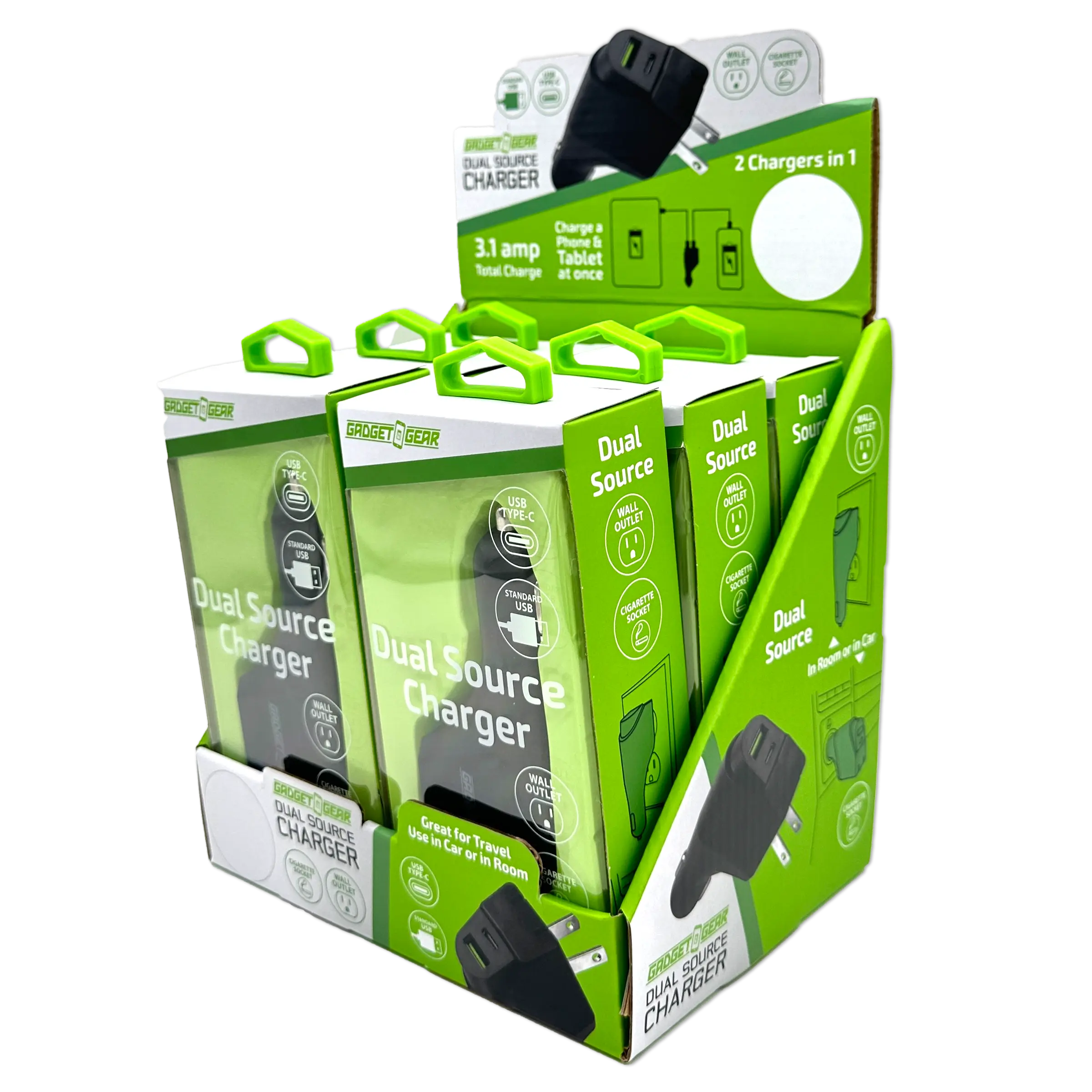Car Charger and Wall Charger Combo Dual Port USB / USB-C 3.1 Amp - 6 Pieces Per Retail Ready Display 23708 GADGET GEAR