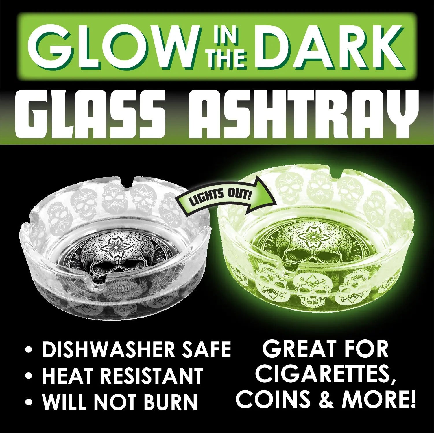 Glow in The Dark Glass Ashtray - 6 Pieces Per Retail Ready Display 23719 SMOKEZILLA