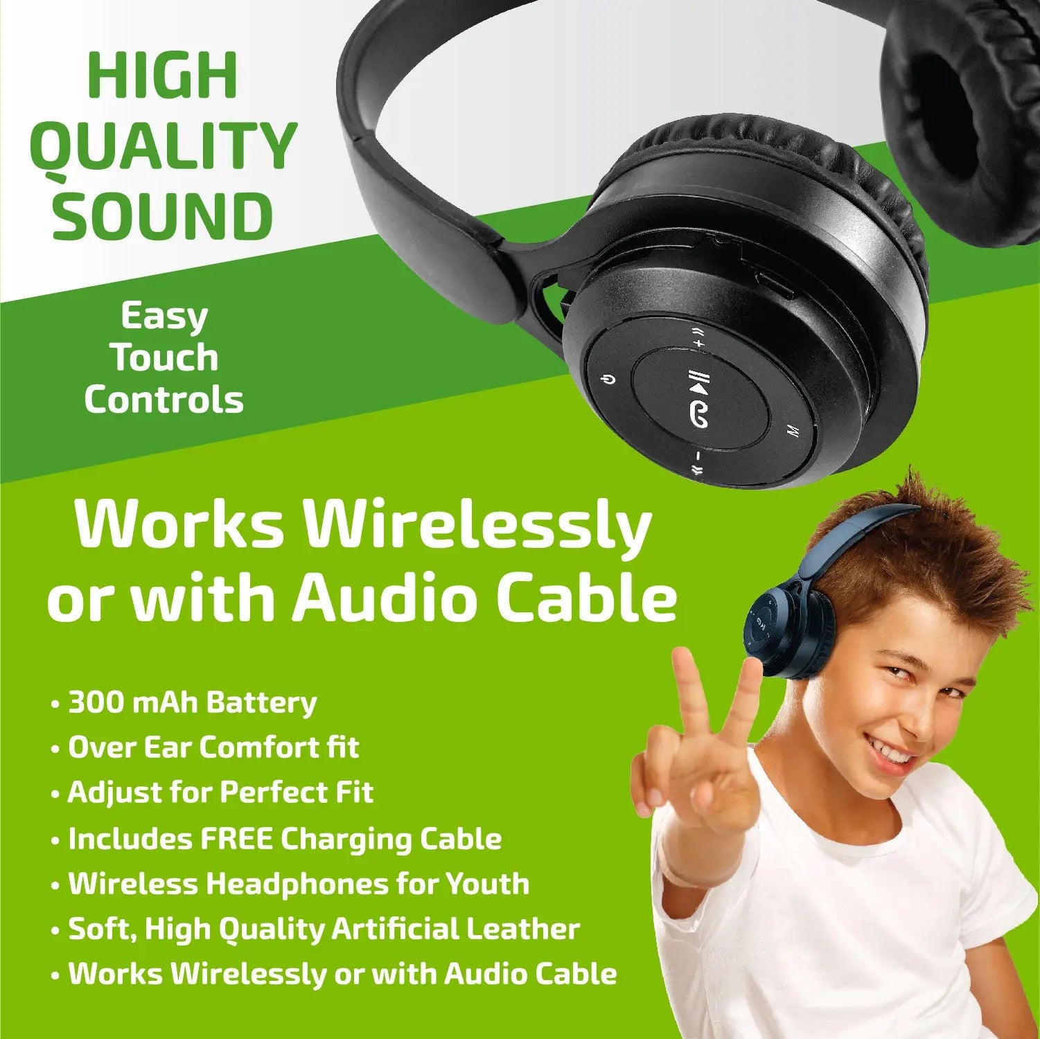 Wireless Headphones Youth with Aux Cable - 6 Pieces Per Retail Ready Display 23724 GADGET GEAR