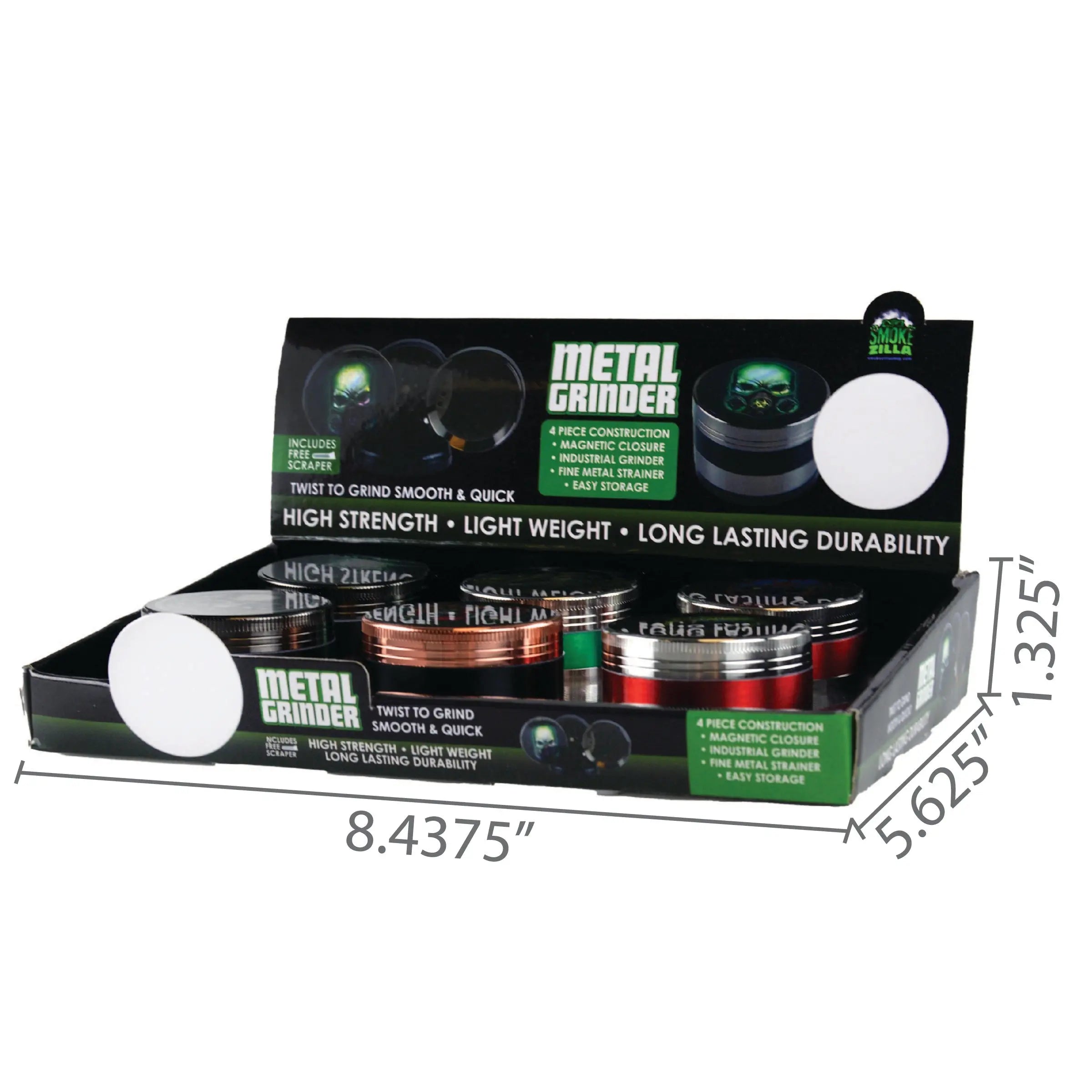 Metal 4 Piece Grinder with Magnetic Closure - 6 Pieces Per Retail Ready Display 23947 SMOKEZILLA