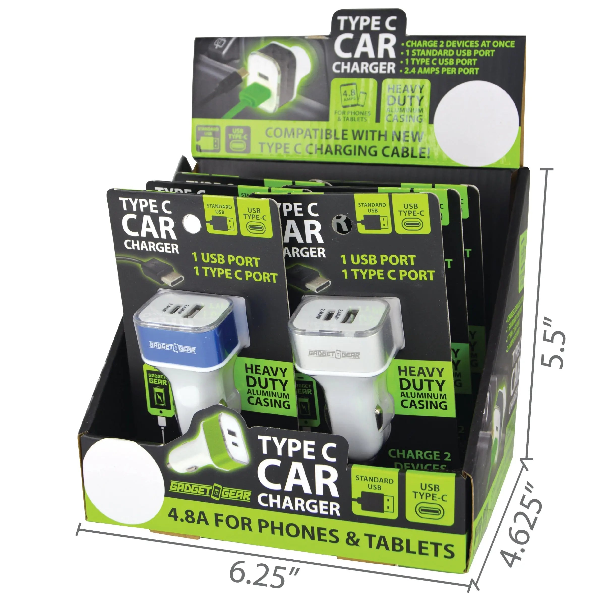 Car Charger Dual Port USB / USB-C 2.4 Amp - 6 Pieces Per Retail Ready Display 24491 GADGET GEAR