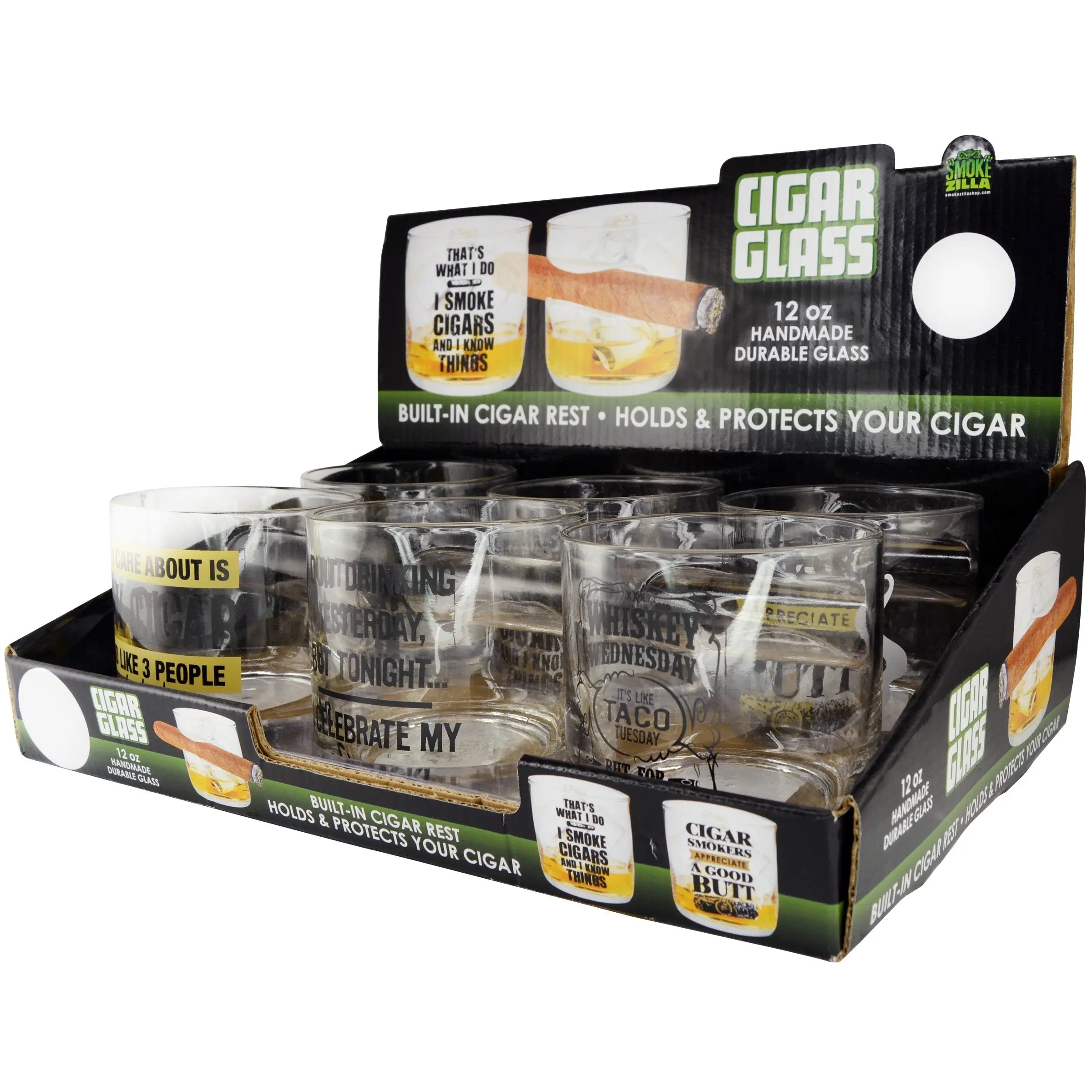 12 oz Drinking Glass with Cigar Rest - 6 Pieces Per Retail Ready Display 25550 SMOKEZILLA