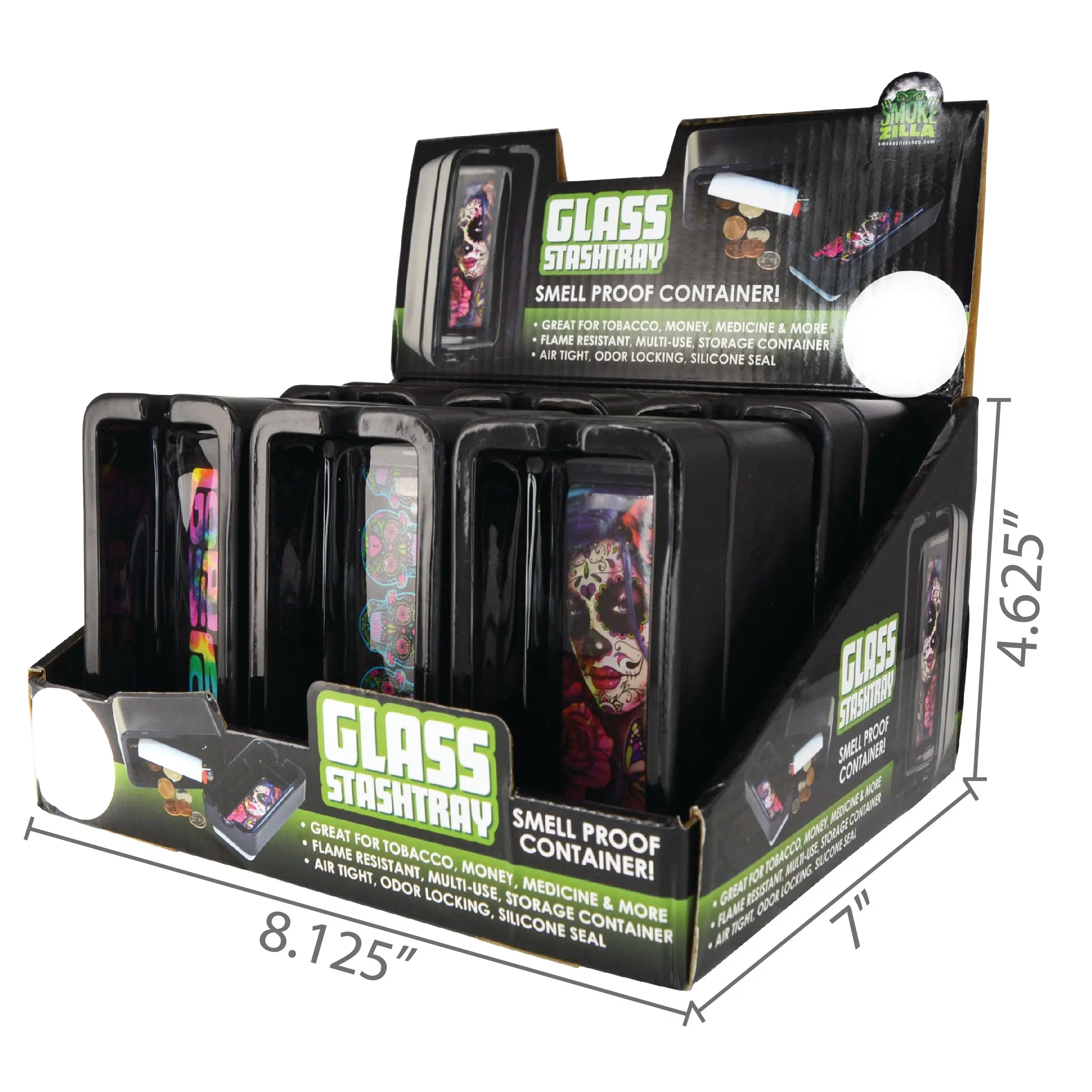 Black Glass Ashtray with Storage Compartment - 6 Pieces Per Retail Ready Display 25625 SMOKEZILLA