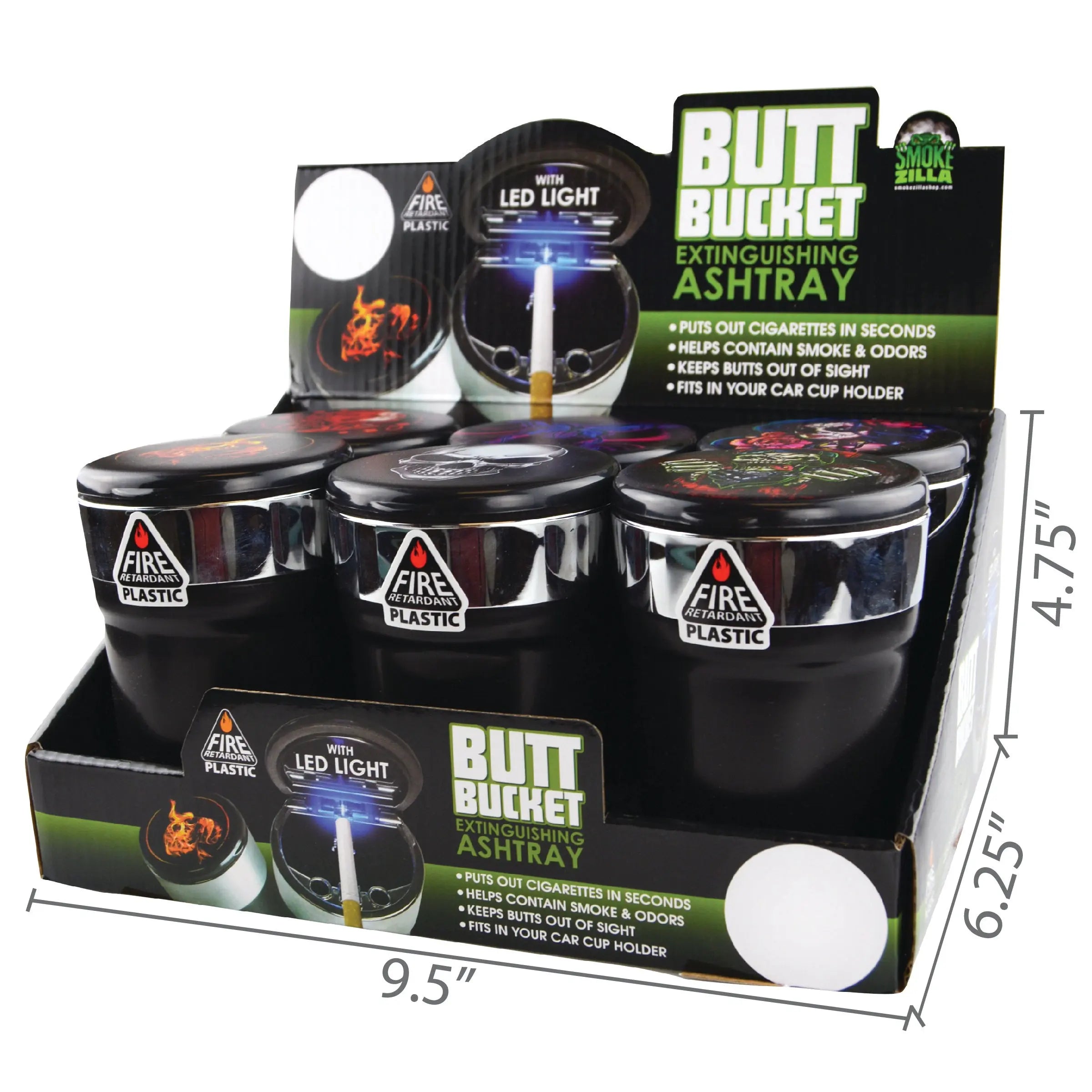 Printed Lid Butt Bucket Ashtray with LED Light - 6 Per Retail Ready Display 25814 SMOKEZILLA