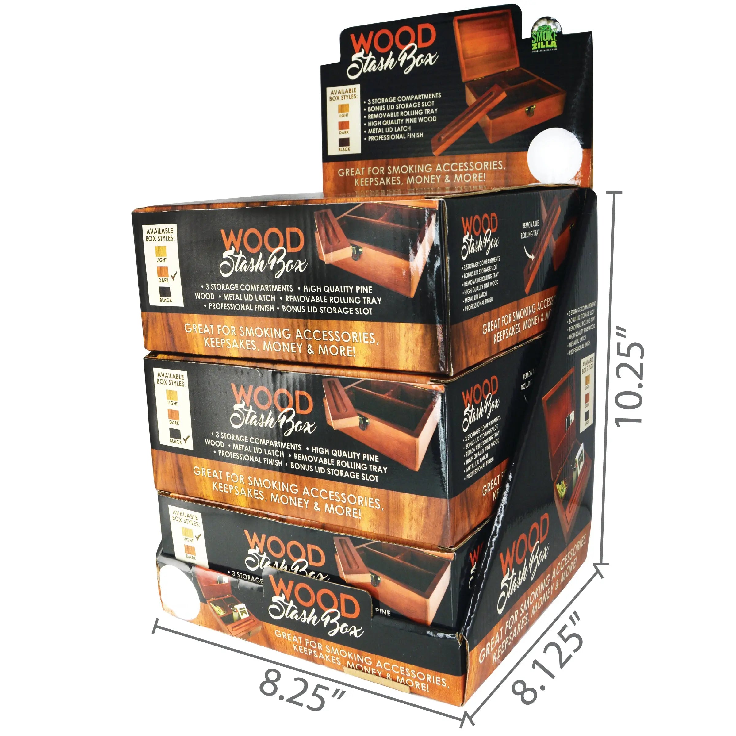 Large Wood Stash Box with Roll Tray - 3 Pieces Per Retail Ready Display 25899 SMOKEZILLA